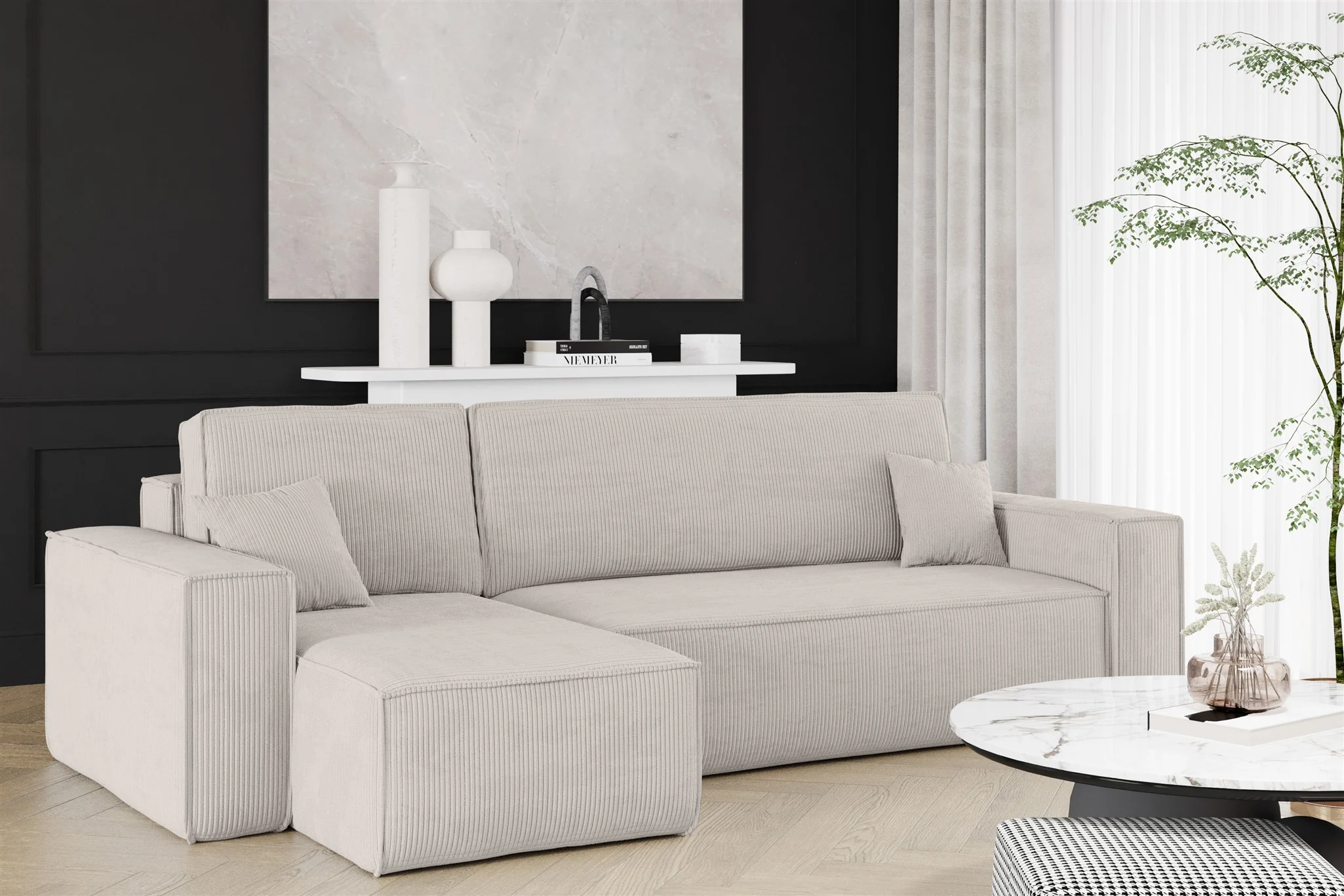 Ecksofa Schlafsofa Sofa MARIS Stoff Poso Altweiß Ottomane Links - Fun Möbel