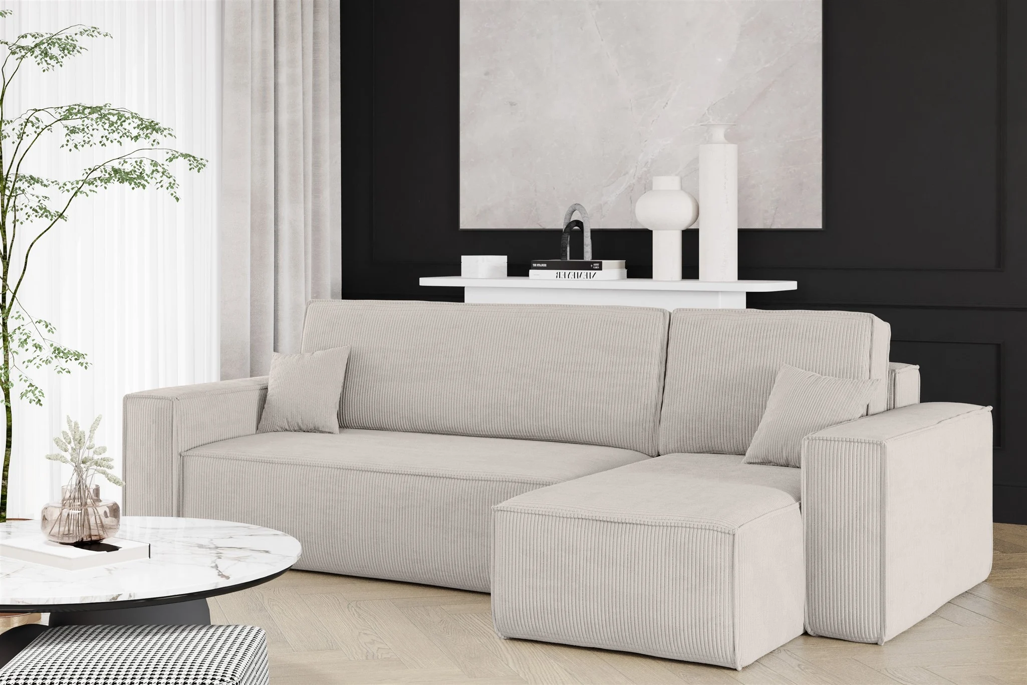 Ecksofa Schlafsofa Sofa MARIS Stoff Poso Altweiß Ottomane Rechts - Fun Möbel
