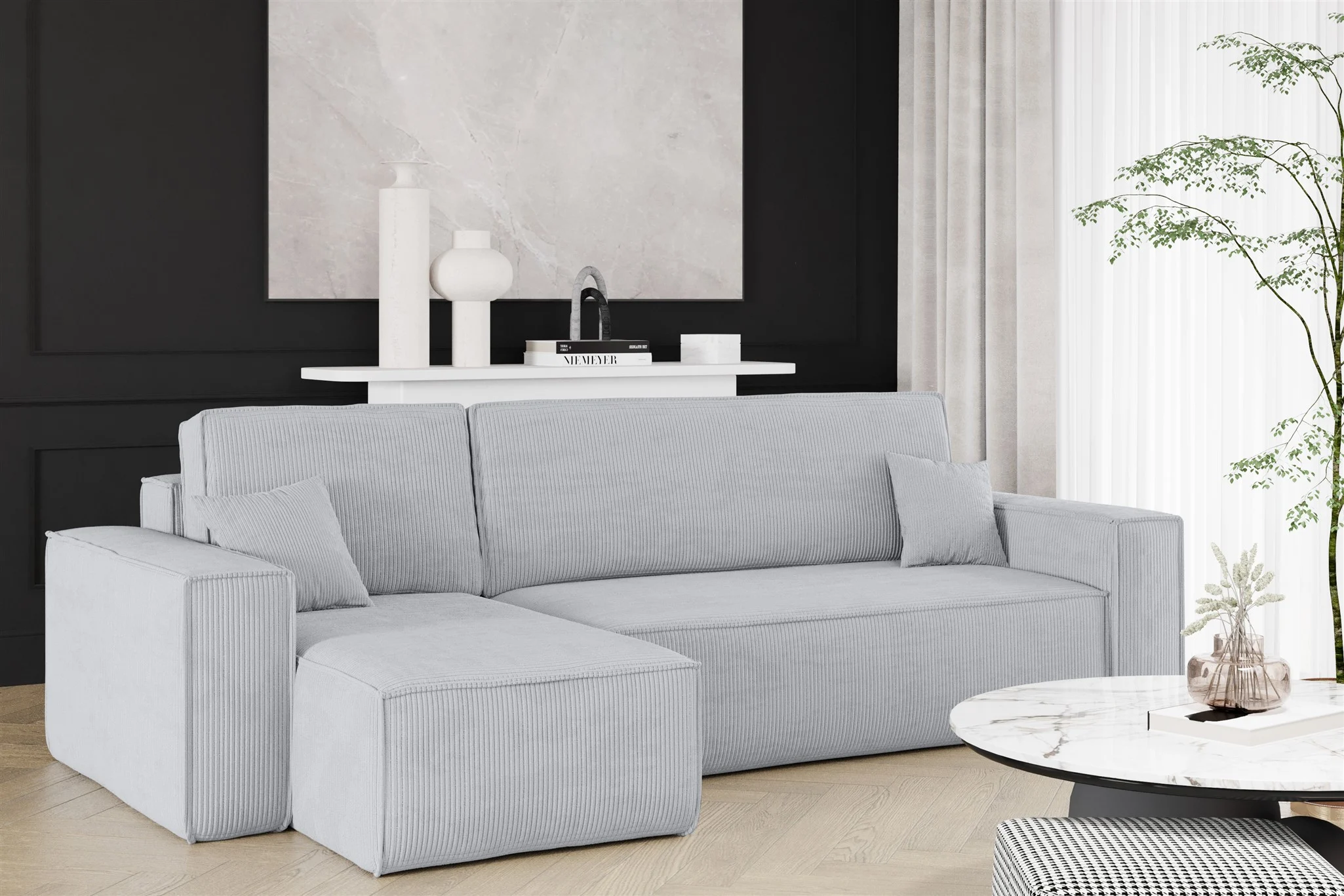 Ecksofa Schlafsofa Sofa MARIS Stoff Poso Hellgrau Ottomane Links - Fun Möbel