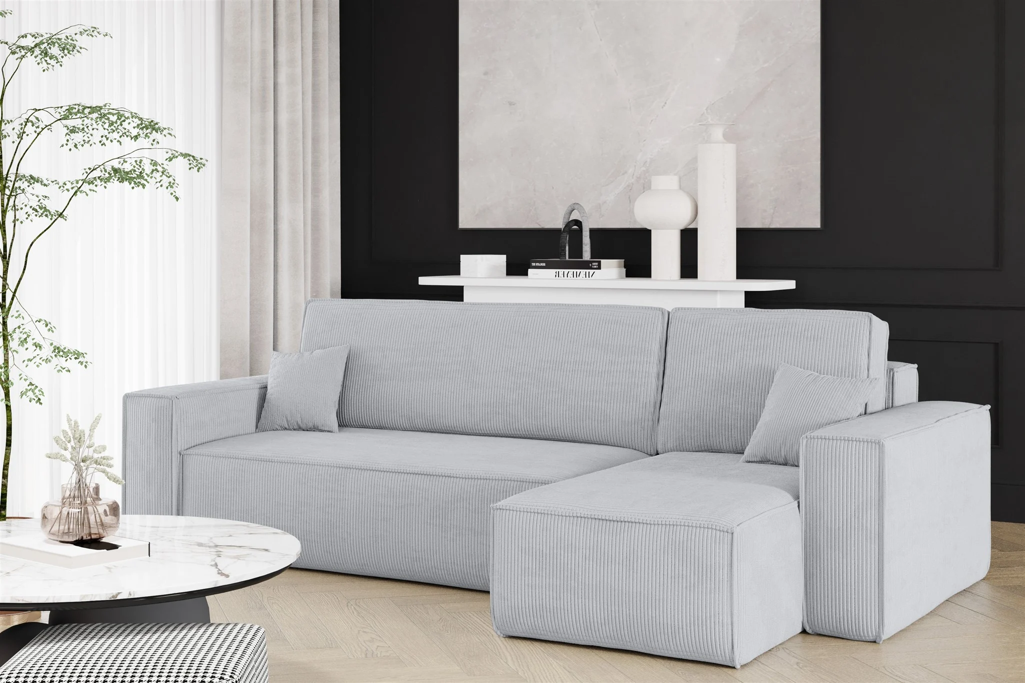 Ecksofa Schlafsofa Sofa MARIS Stoff Poso Hellgrau Ottomane Rechts - Fun Möbel
