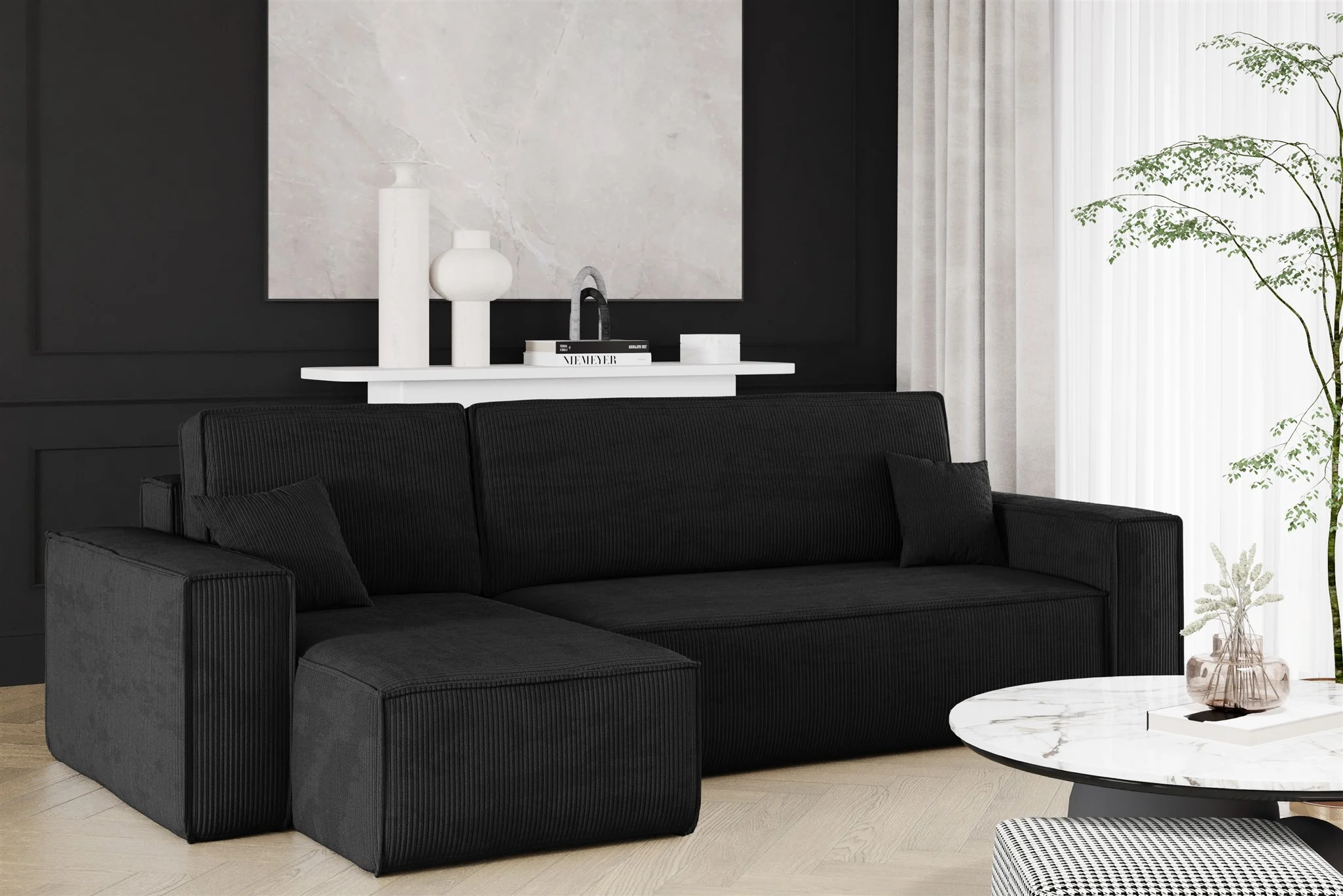 Ecksofa Schlafsofa Sofa MARIS Stoff Poso Schwarz Ottomane Links - Fun Möbel
