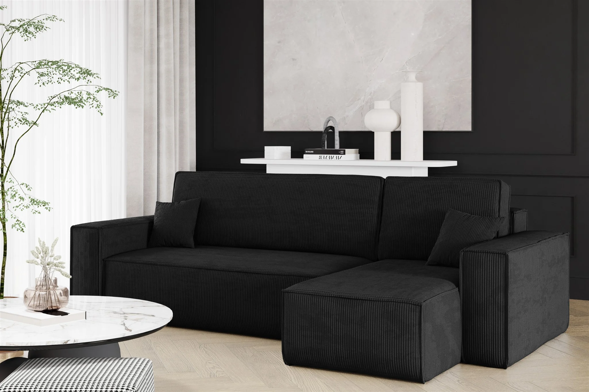 Ecksofa Schlafsofa Sofa MARIS Stoff Poso Schwarz Ottomane Rechts - Fun Möbel