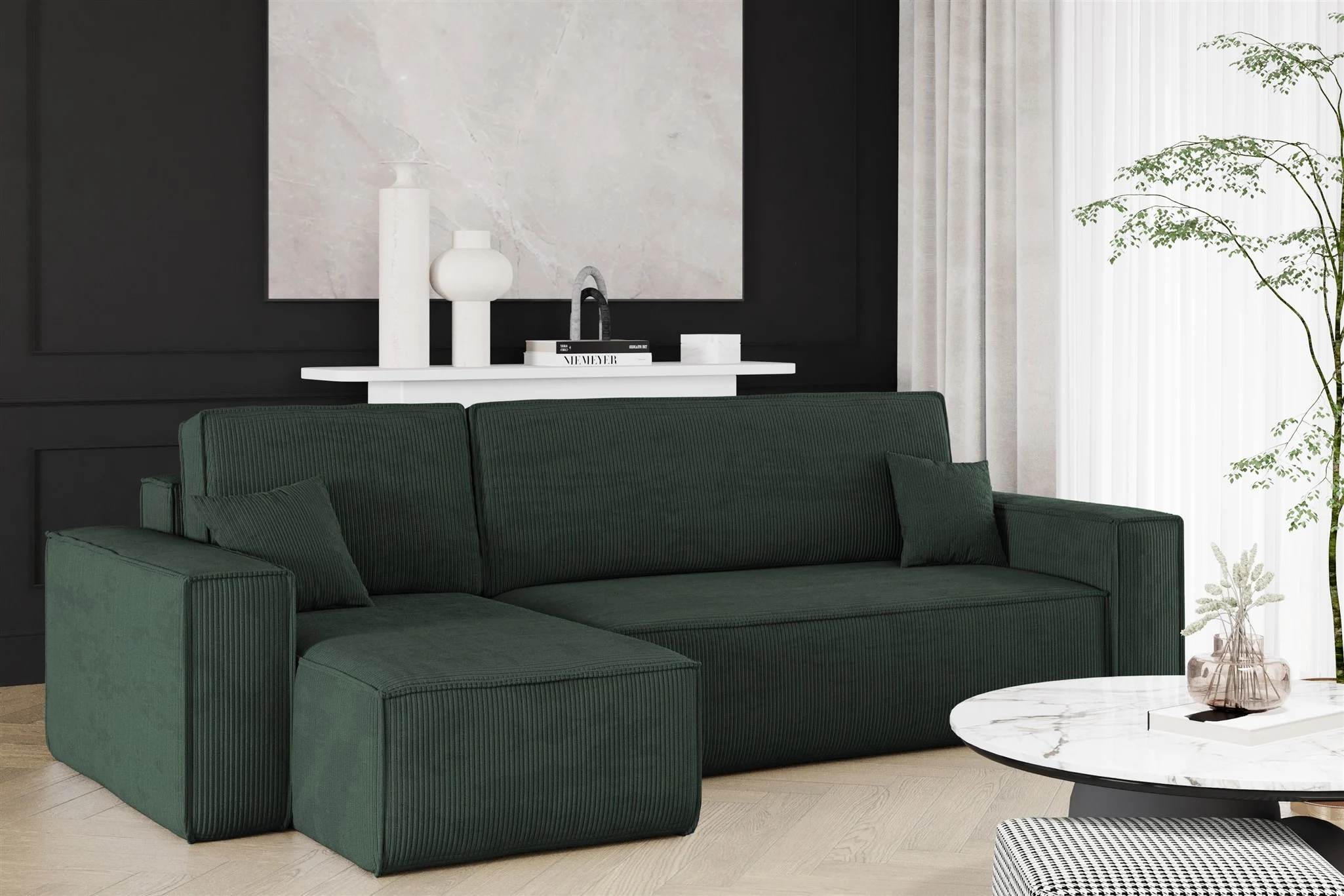 Ecksofa Schlafsofa Sofa MARIS Stoff Poso Dunkelgrün Ottomane Links - Fun Möbel