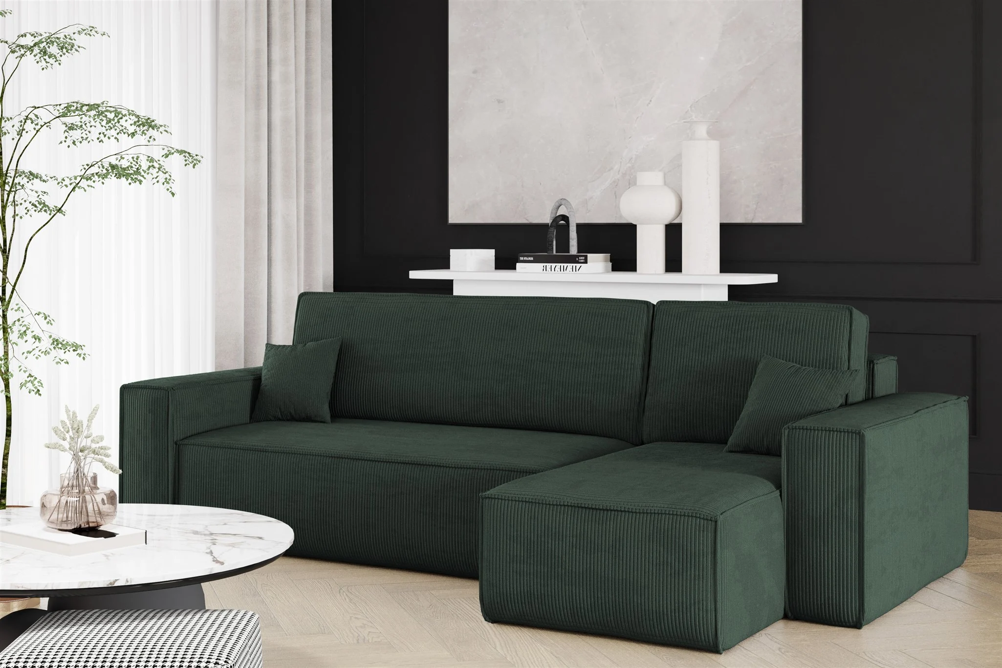 Ecksofa Schlafsofa Sofa MARIS Stoff Poso Dunkelgrün Ottomane Rechts - Fun Möbel