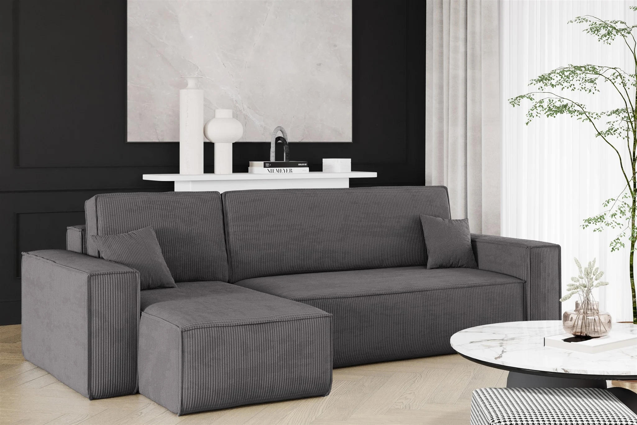 Ecksofa Schlafsofa Sofa MARIS Stoff Poso Anthrazit Ottomane Links - Fun Möbel