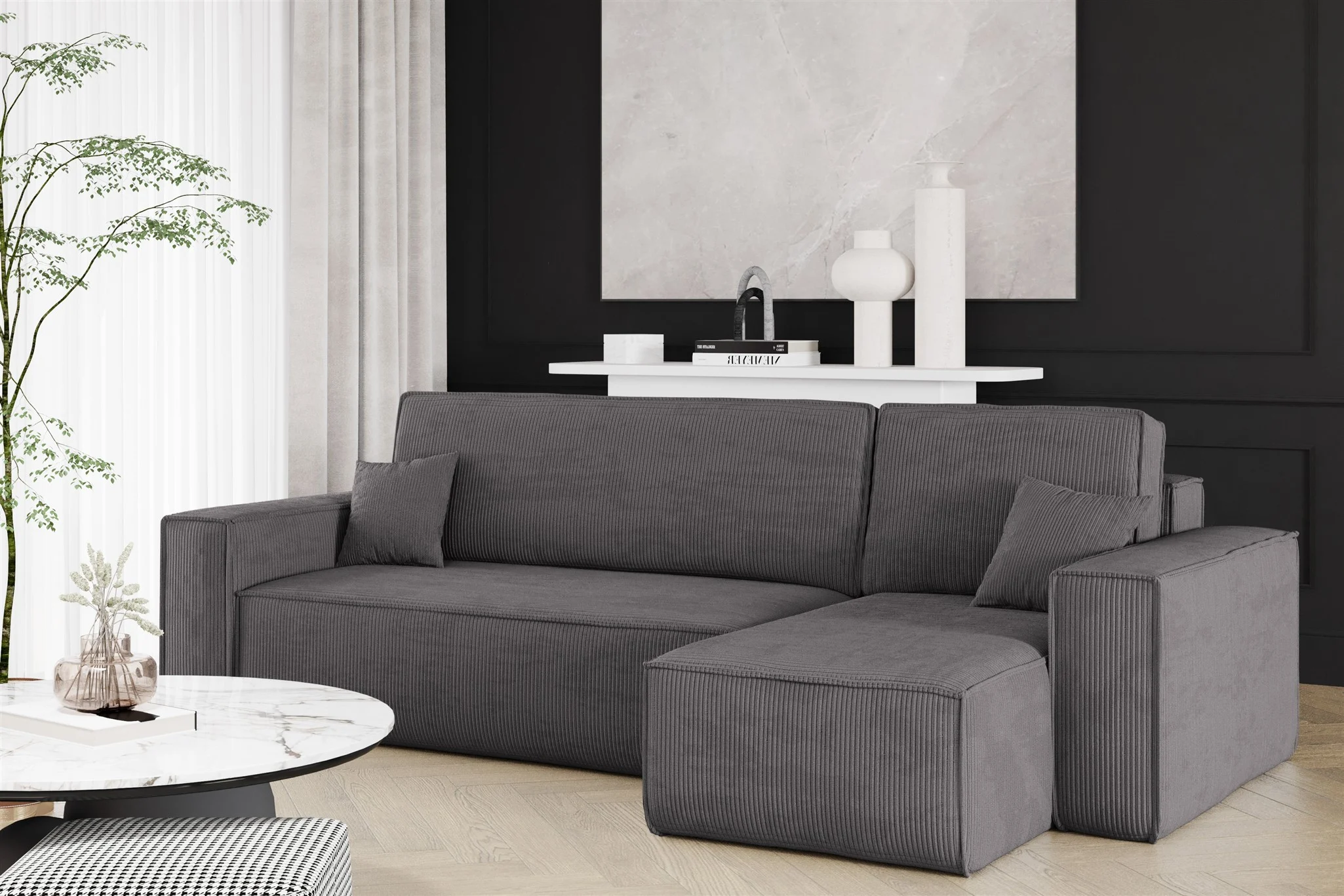 Ecksofa Schlafsofa Sofa MARIS Stoff Poso Anthrazit Ottomane Rechts - Fun Möbel