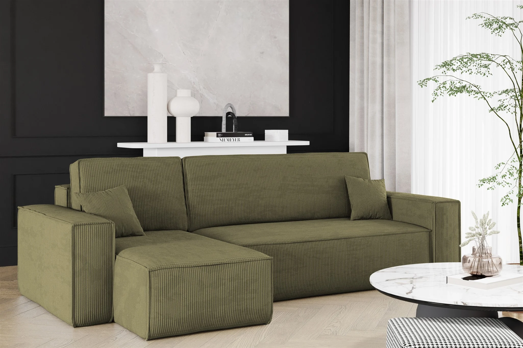 Ecksofa Schlafsofa Sofa MARIS Stoff Poso Olivgrün Ottomane Links - Fun Möbel