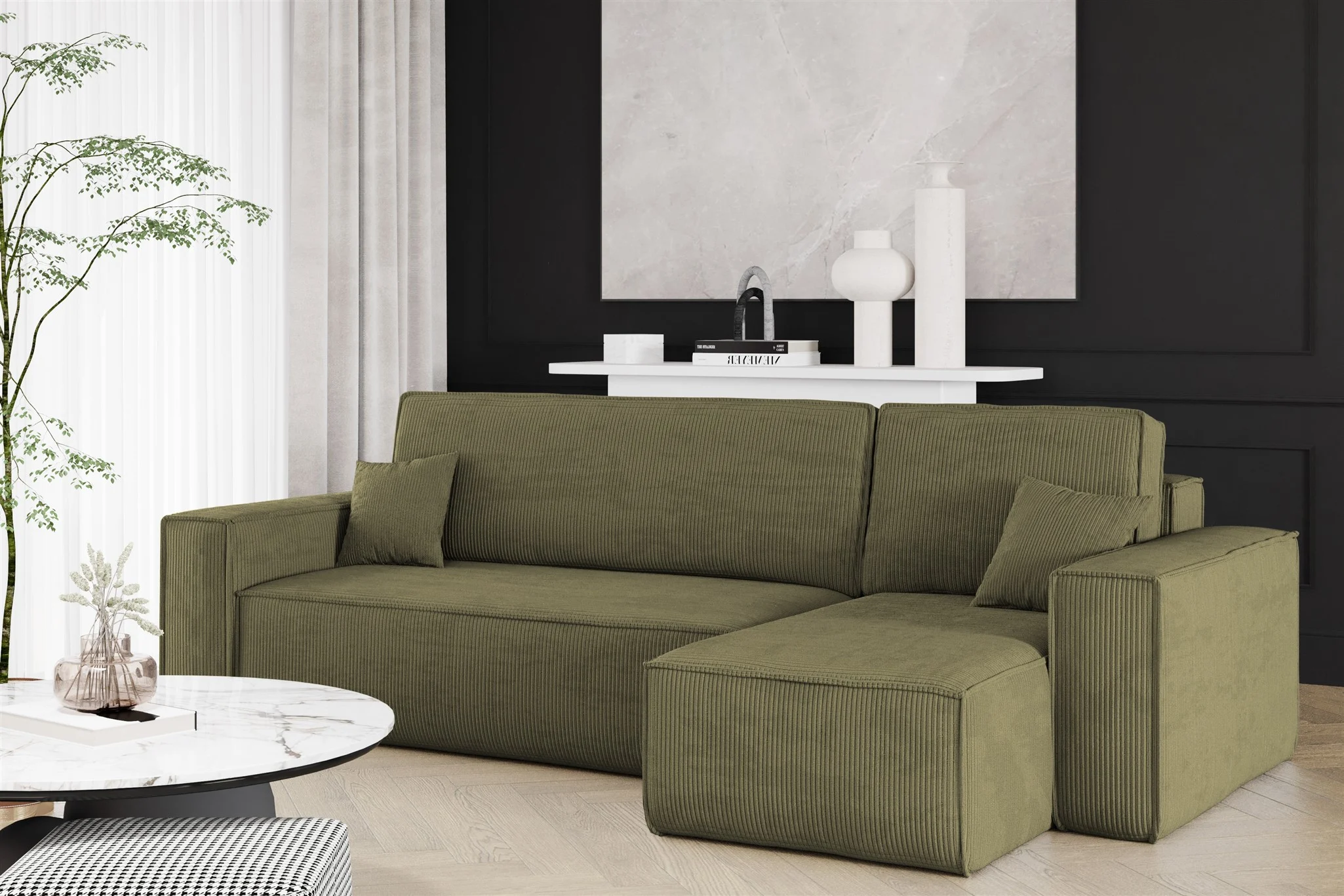 Ecksofa Schlafsofa Sofa MARIS Stoff Poso Olivgrün Ottomane Rechts - Fun Möbel