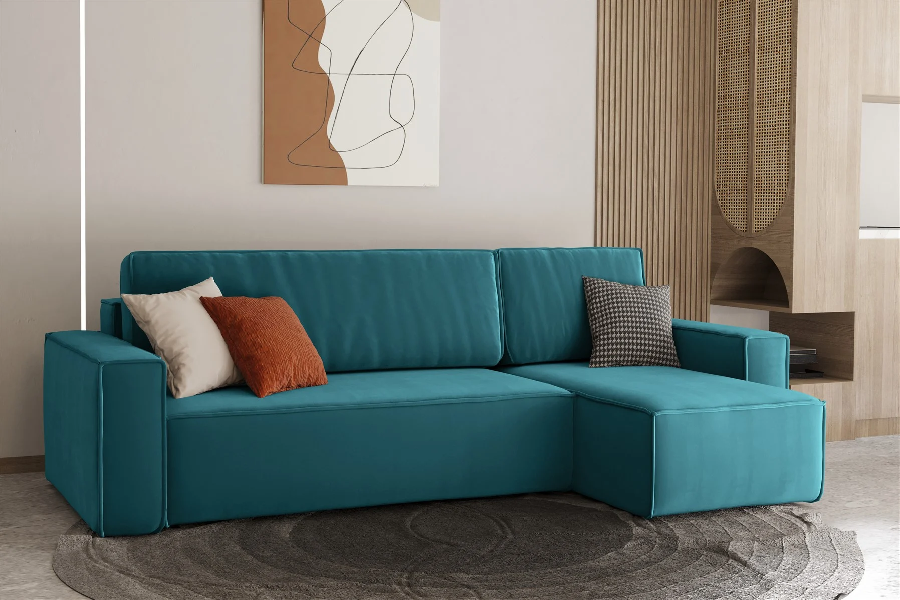 Ecksofa Schlafsofa Sofa MARIS Stoff Türkisblau Ottomane Rechts - Fun Moebel