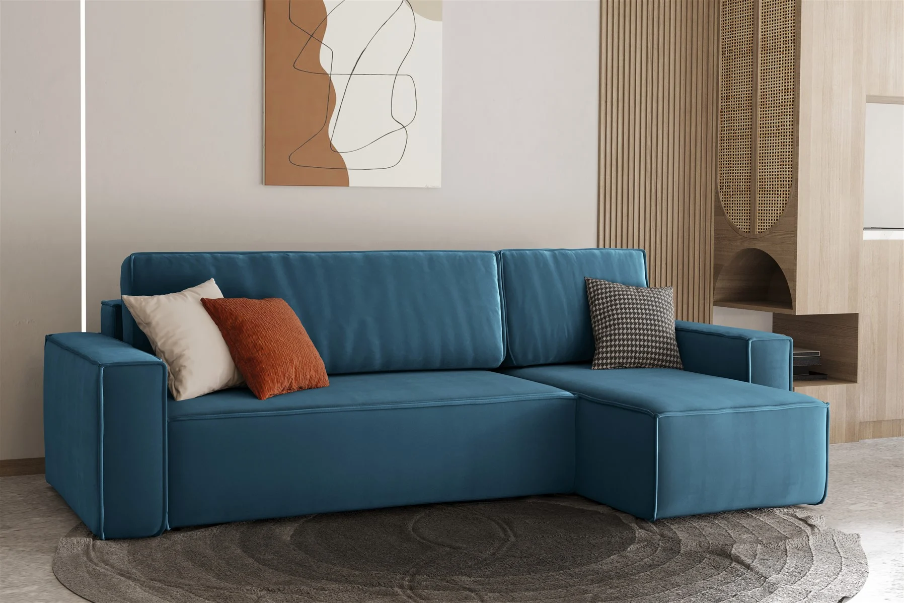 Ecksofa Schlafsofa Sofa MARIS Stoff Petrolblau Ottomane Rechts - Fun Moebel