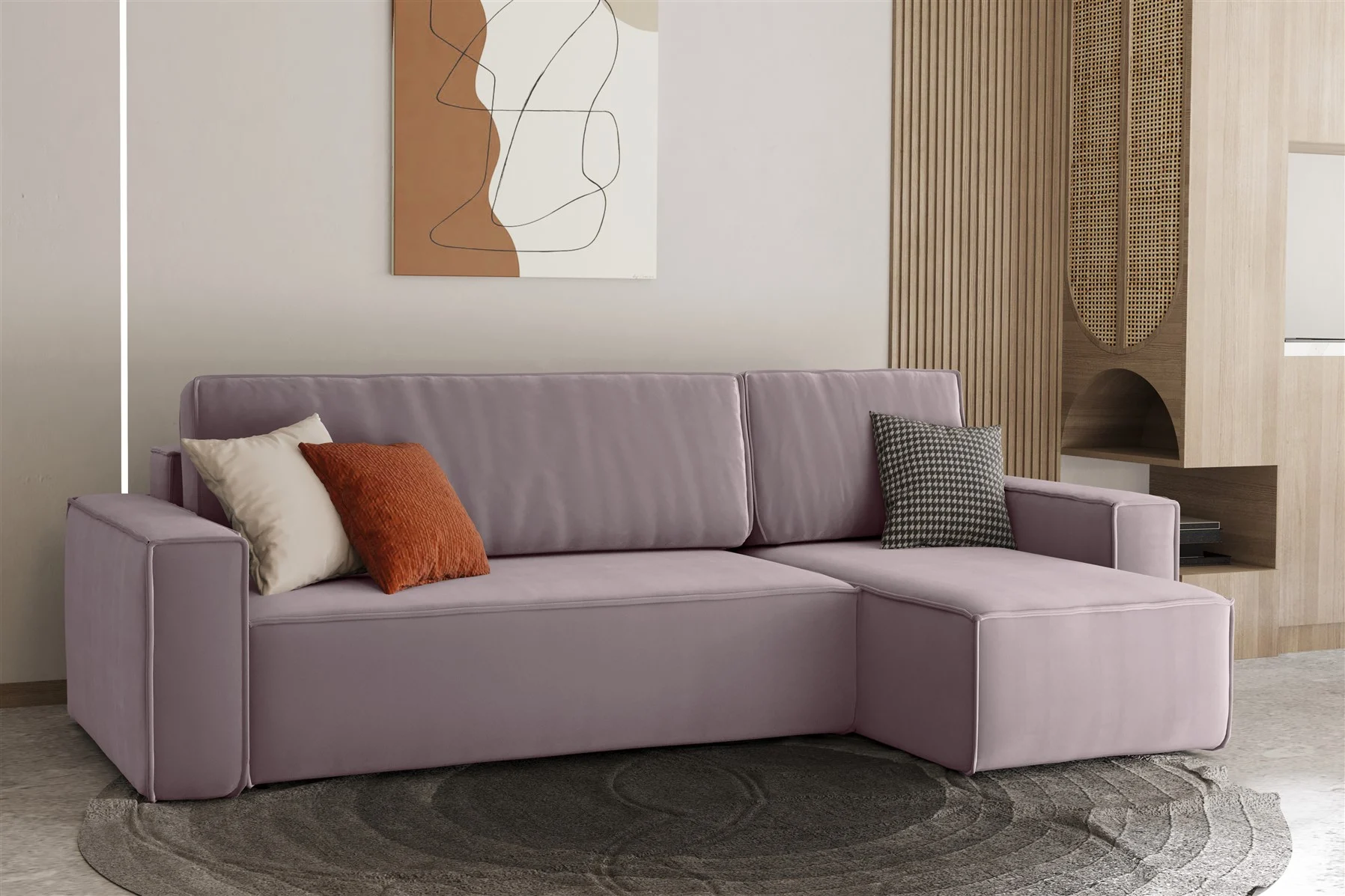 Ecksofa Schlafsofa Sofa MARIS Stoff Lavendel Ottomane Rechts - Fun Moebel