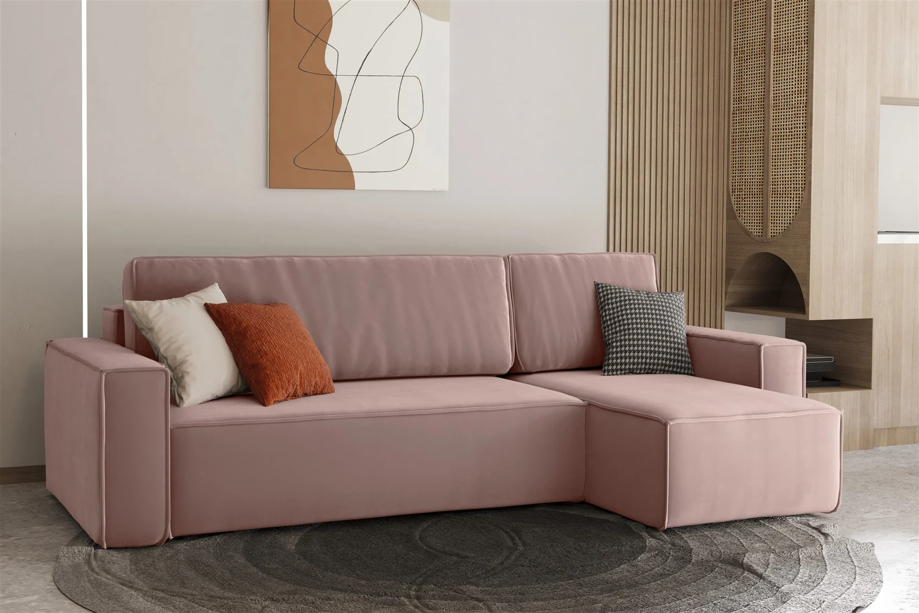 Ecksofa Schlafsofa Sofa MARIS Stoff Rose Ottomane Rechts - Fun Moebel
