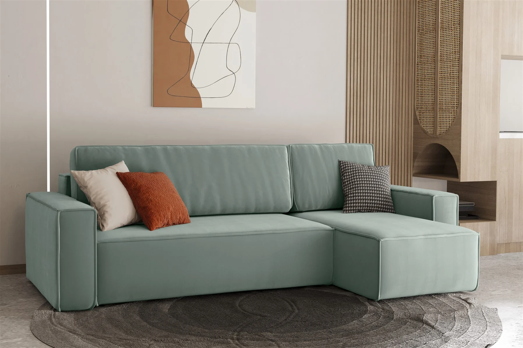 Ecksofa Schlafsofa Sofa MARIS Stoff Mint Ottomane Rechts - Fun Moebel