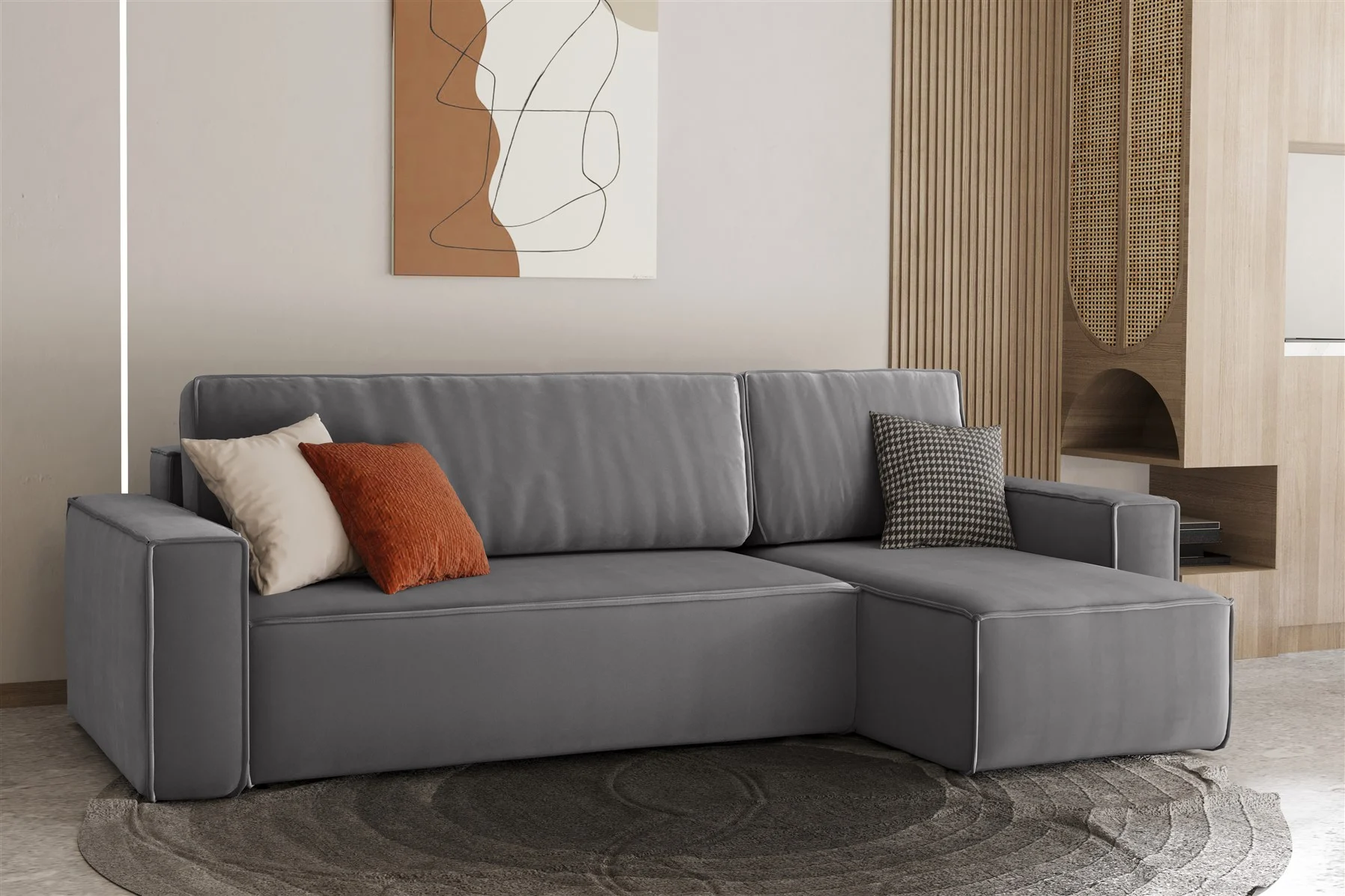 Ecksofa Schlafsofa Sofa MARIS Stoff Grau Ottomane Rechts - Fun Moebel