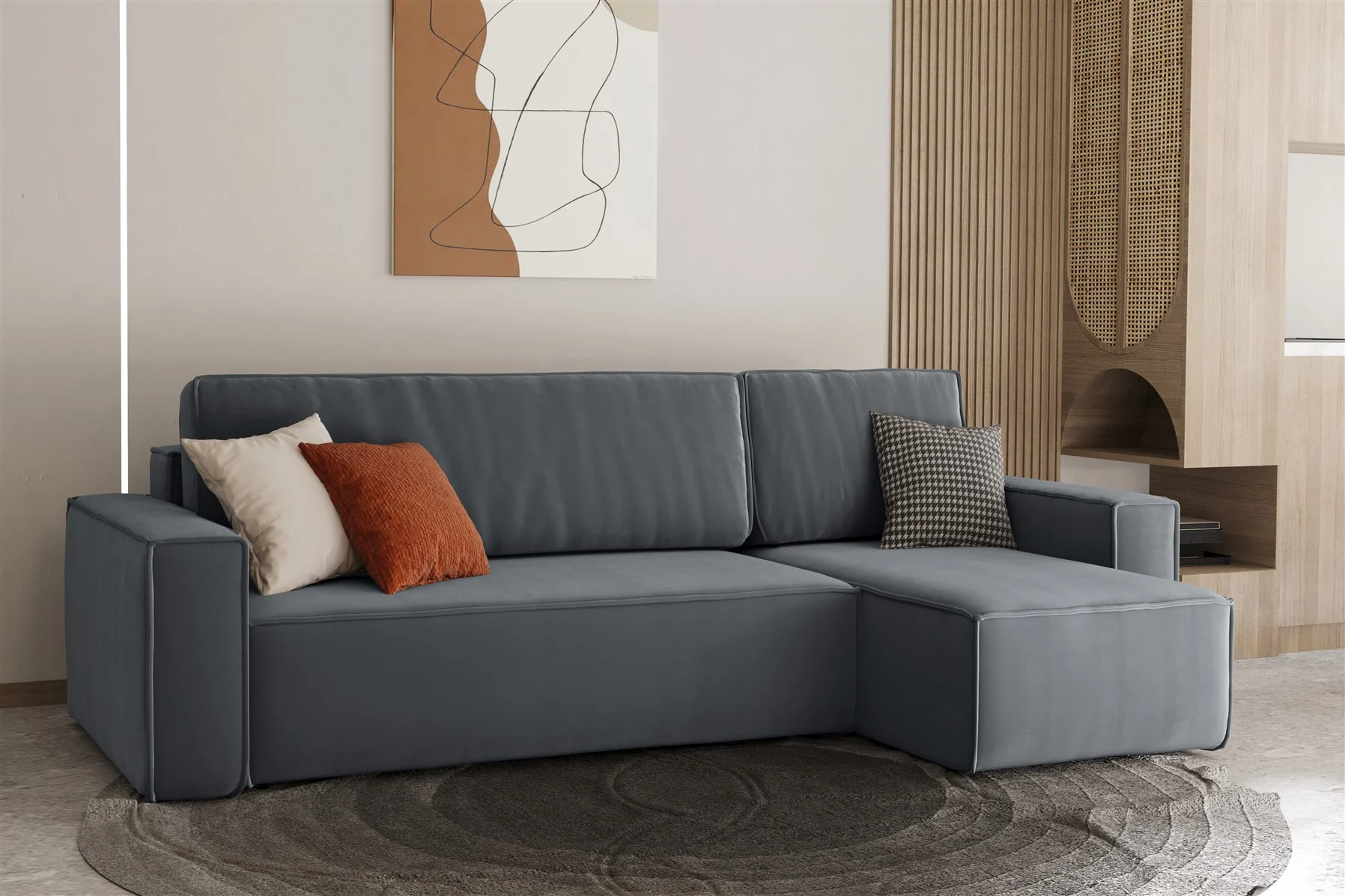 Ecksofa Schlafsofa Sofa MARIS Stoff Asphalt Ottomane Rechts - Fun Moebel