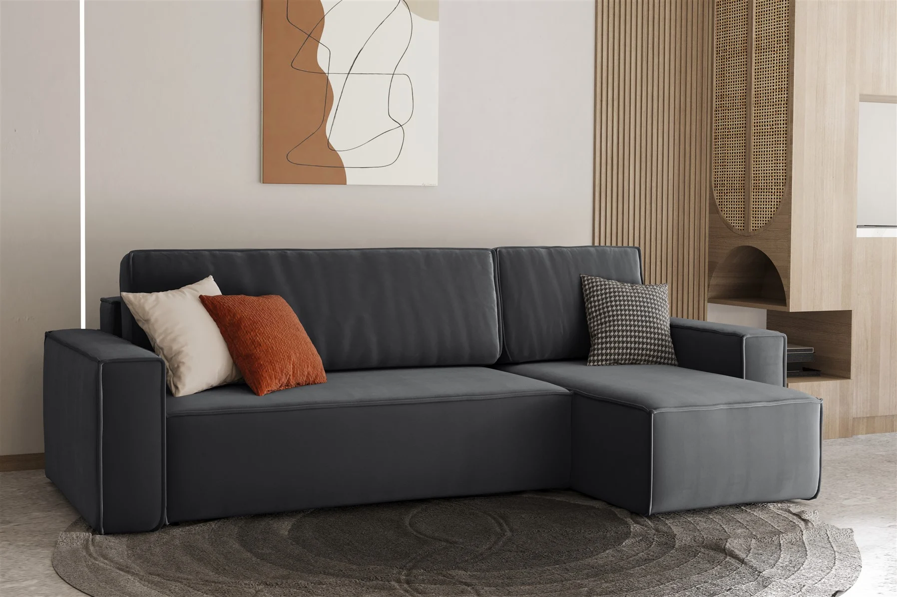 Ecksofa Schlafsofa Sofa MARIS Stoff Anthrazit Ottomane Rechts - Fun Moebel