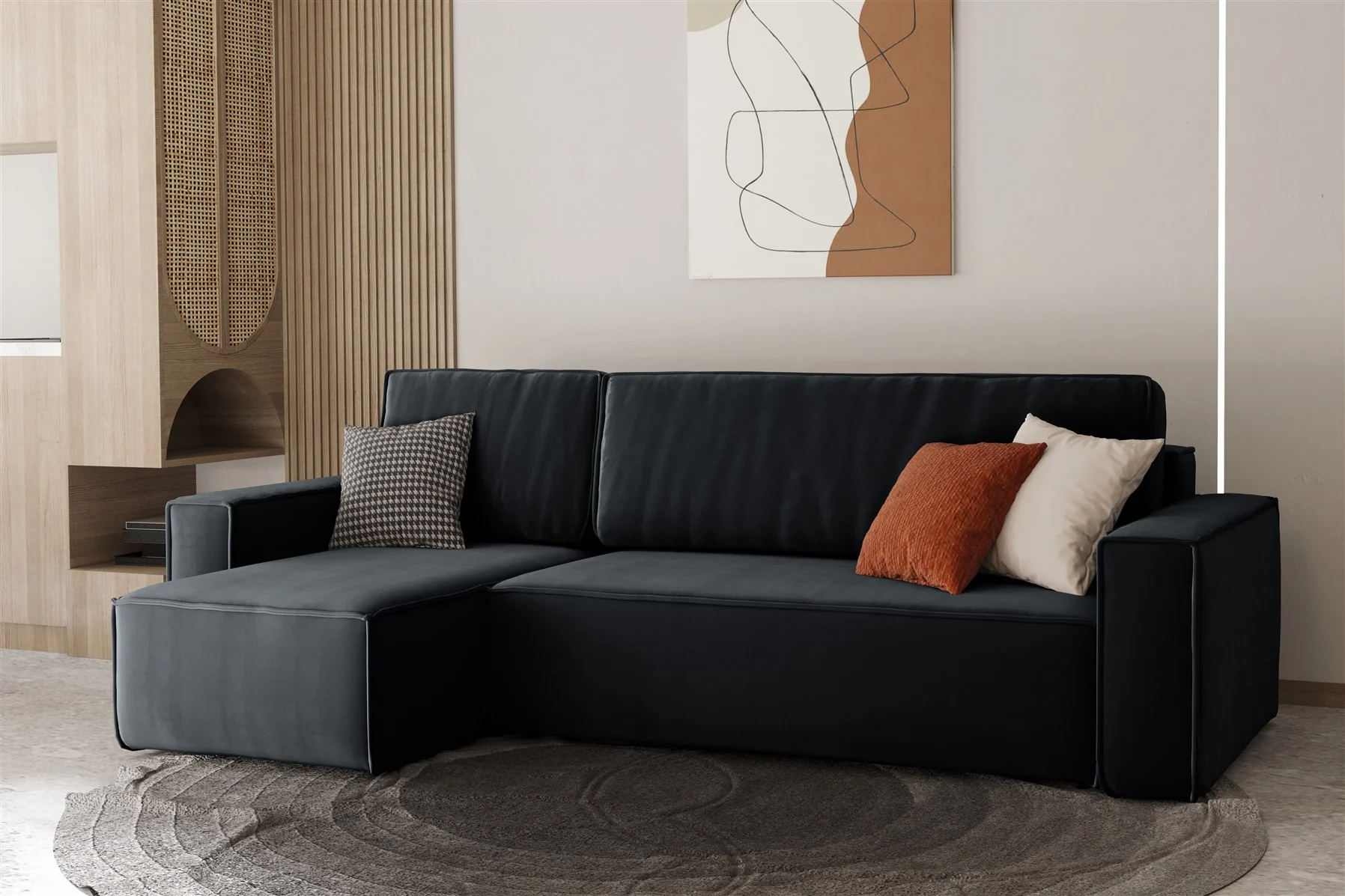 Ecksofa Schlafsofa Sofa MARIS Stoff Schwarz Ottomane Links - Fun Moebel