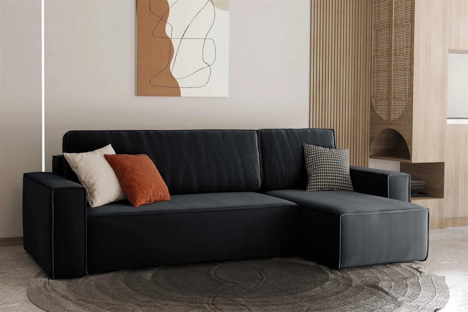 Ecksofa Schlafsofa Sofa MARIS Stoff Schwarz Ottomane Rechts - Fun Moebel
