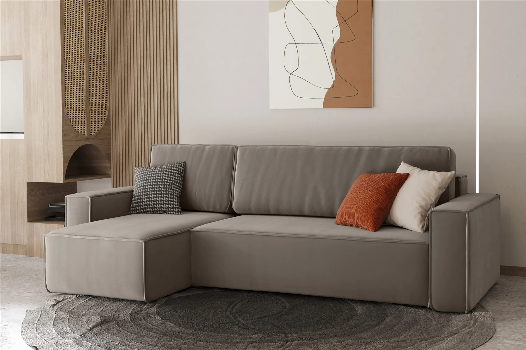 Ecksofa Schlafsofa Sofa MARIS Stoff Beigegrau Ottomane Links - Fun Moebel