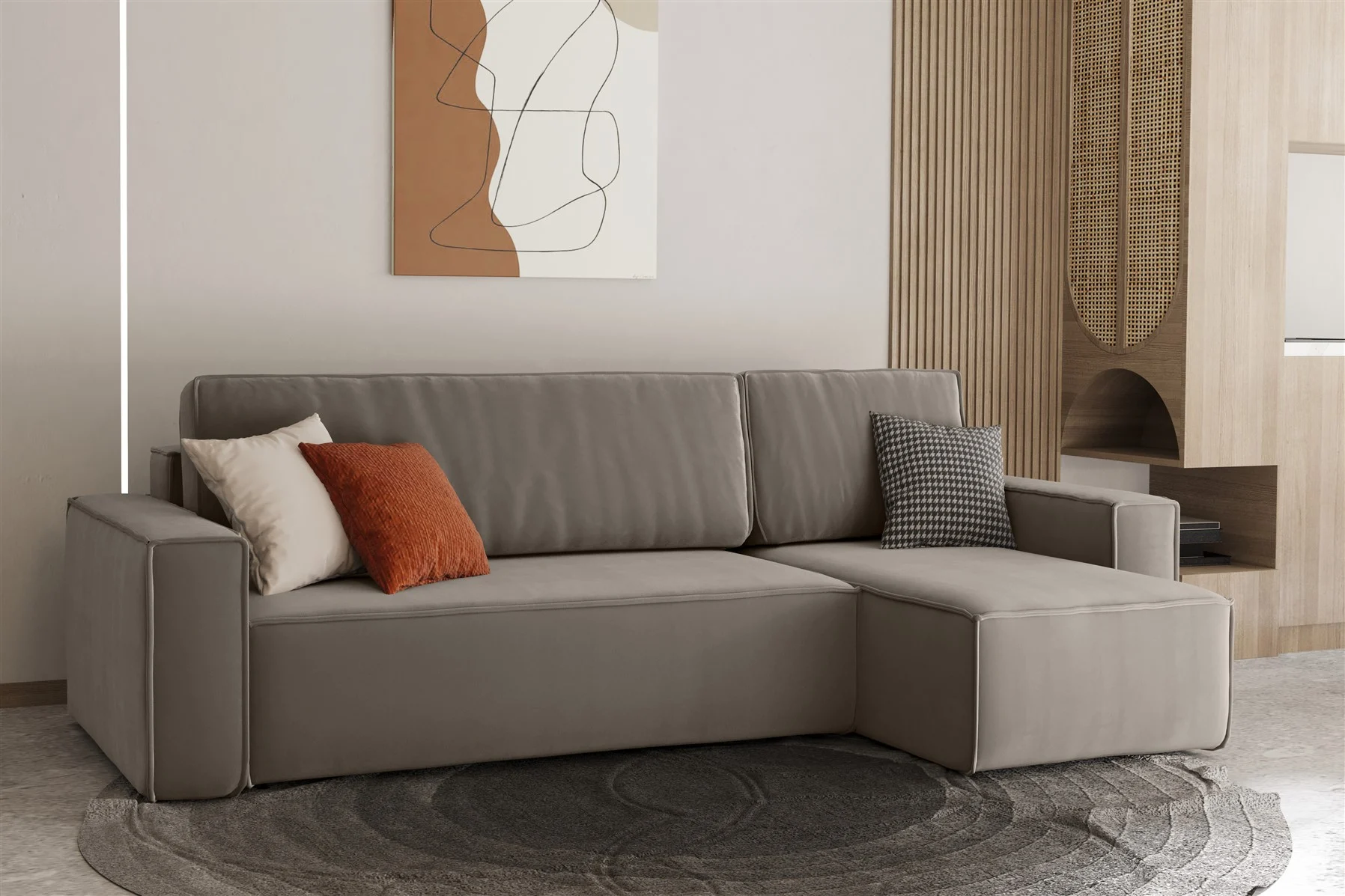 Ecksofa Schlafsofa Sofa MARIS Stoff Beigegrau Ottomane Rechts - Fun Moebel