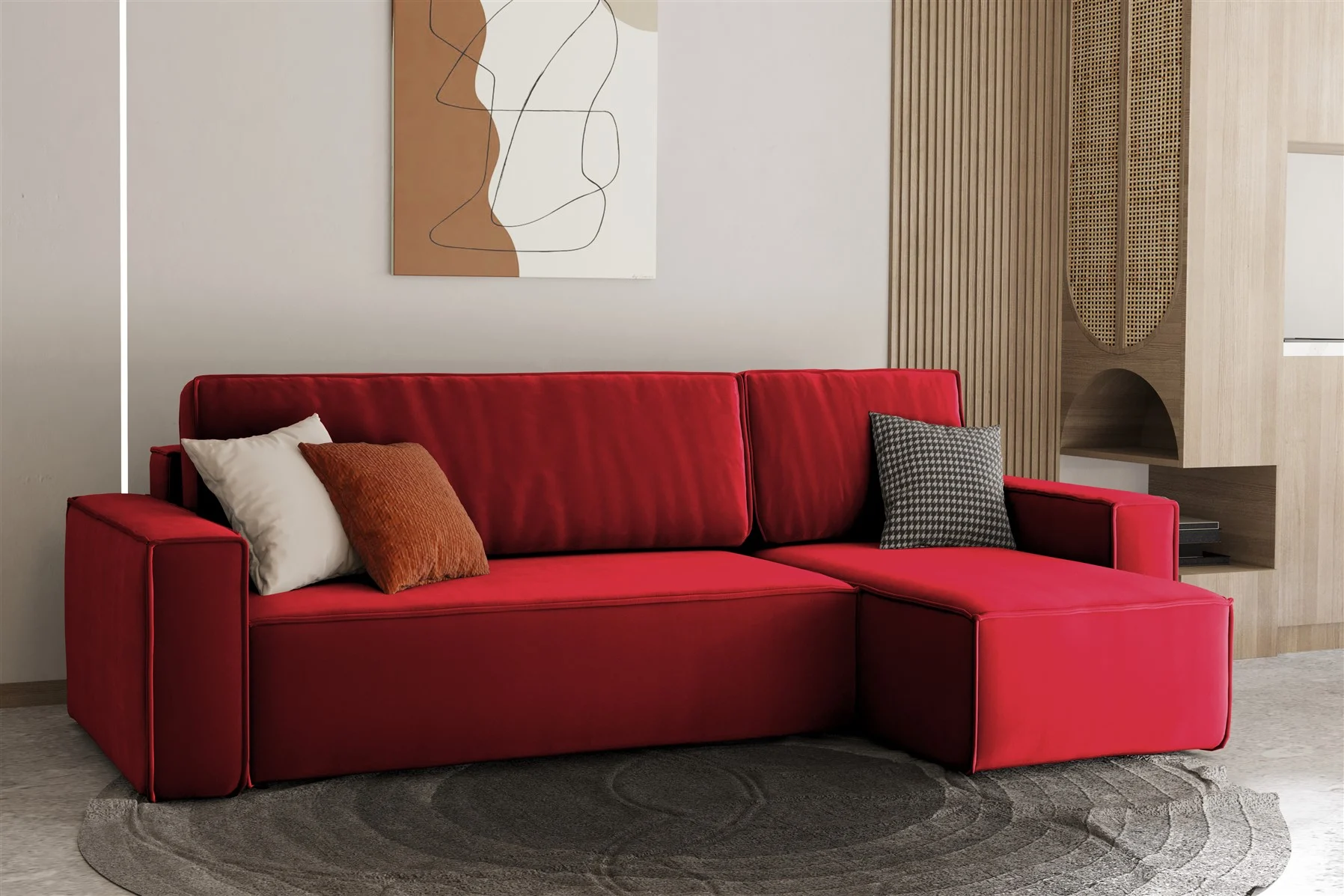 Ecksofa Schlafsofa Sofa MARIS Stoff Rot Ottomane Rechts - Fun Moebel