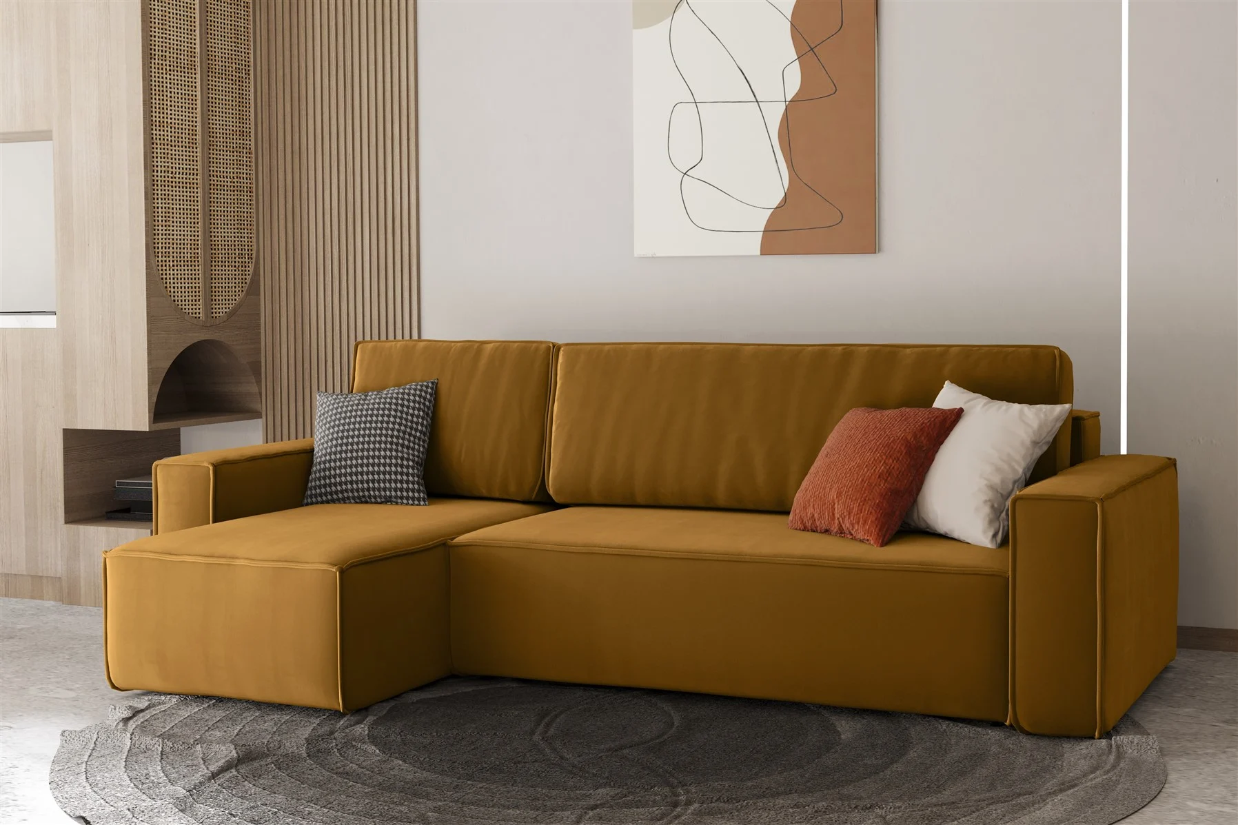 Ecksofa Schlafsofa Sofa MARIS Stoff Senf Ottomane Links - Fun Moebel