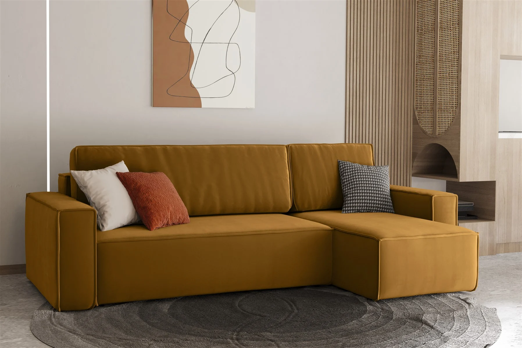 Ecksofa Schlafsofa Sofa MARIS Stoff Senf Ottomane Rechts - Fun Moebel
