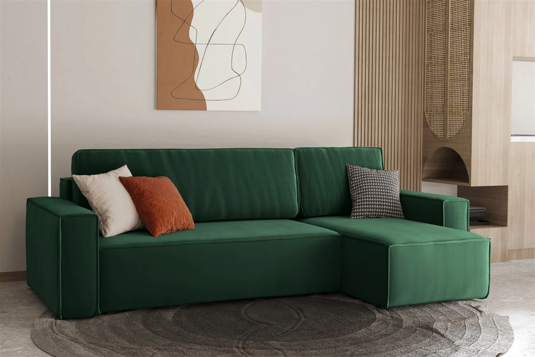 Ecksofa Schlafsofa Sofa MARIS Stoff Grün Ottomane Rechts - Fun Moebel