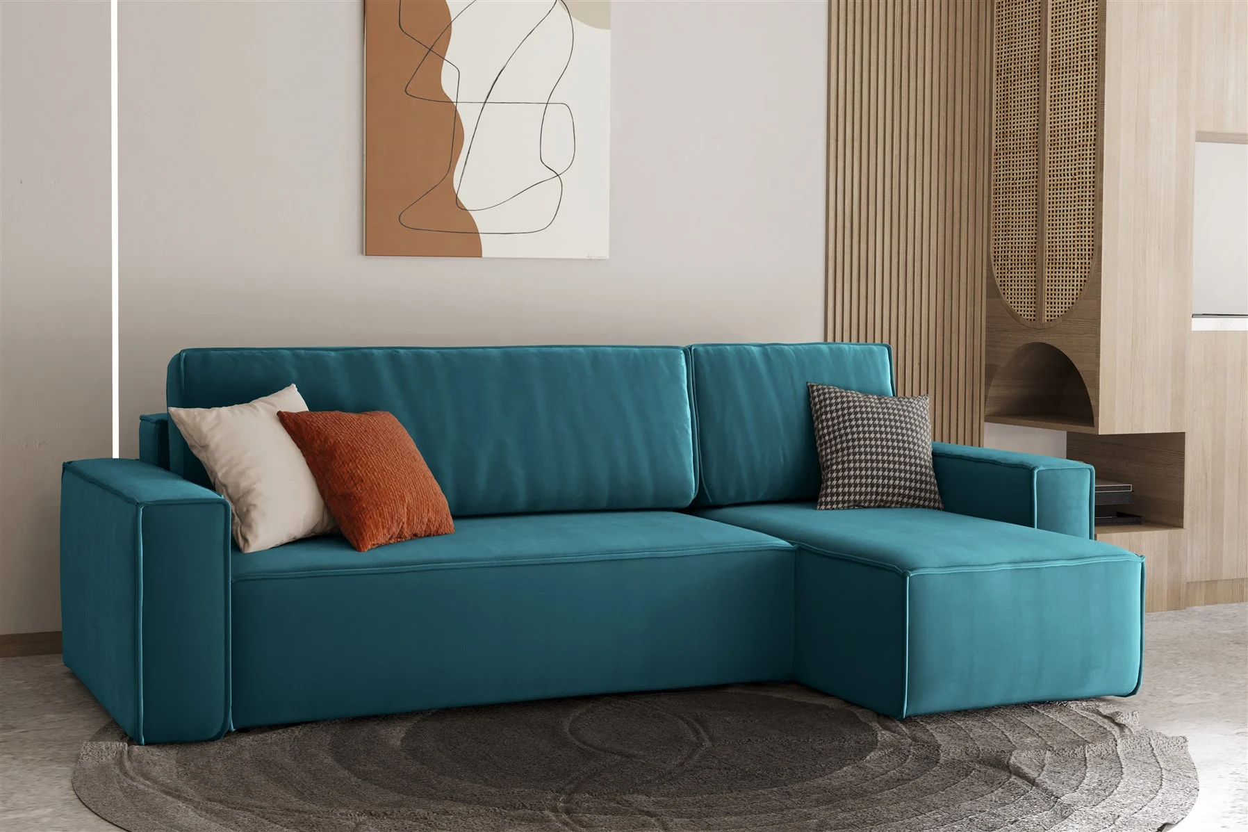 Ecksofa Schlafsofa Sofa MARIS Stoff Ozeanblau Ottomane Rechts - Fun Moebel
