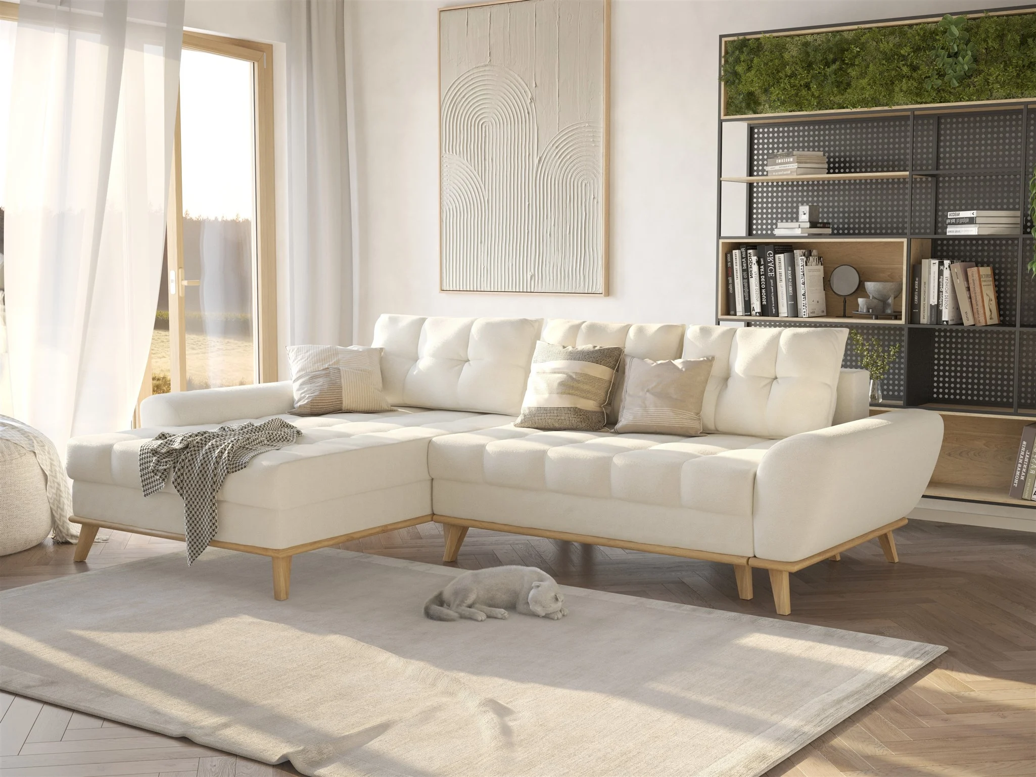 Ecksofa Schlafsofa Sofa MARTINA Stoff Enjoy Creme Ottomane Links - Fun Möbel