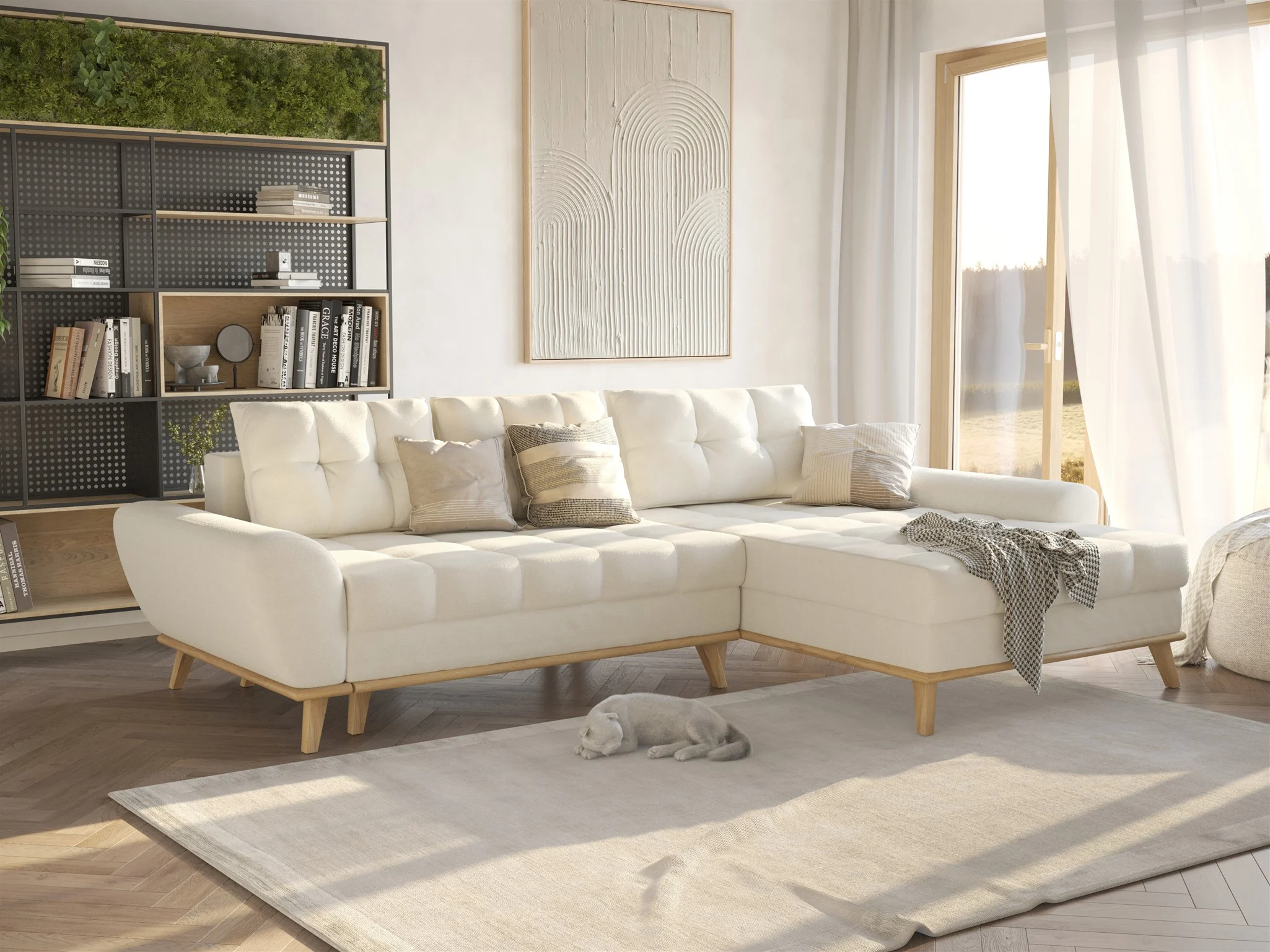 Ecksofa Schlafsofa Sofa MARTINA Stoff Enjoy Creme Ottomane Rechts - Fun Möbel