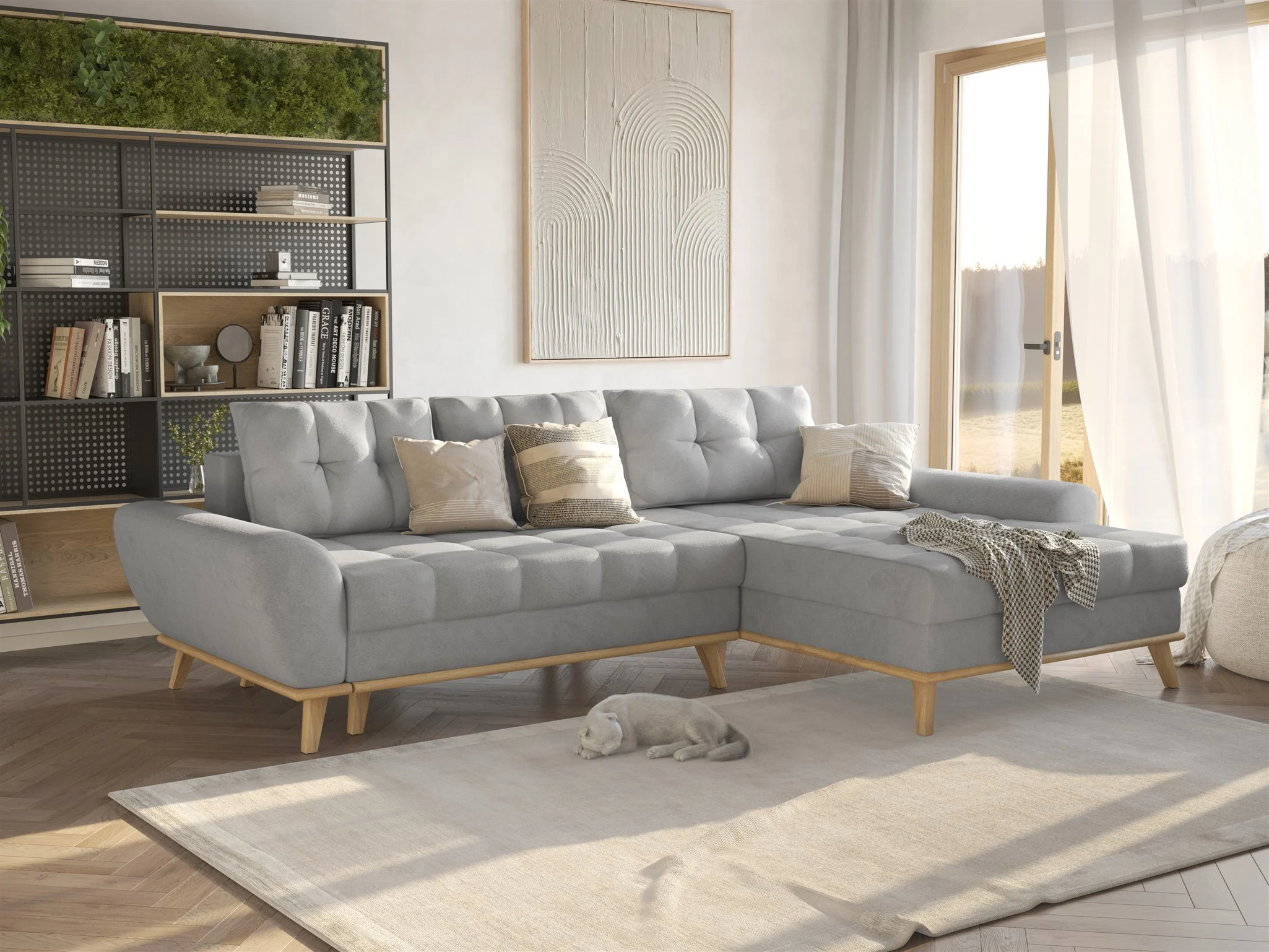 Ecksofa Schlafsofa Sofa MARTINA Stoff Enjoy Grau Ottomane Rechts - Fun Möbel