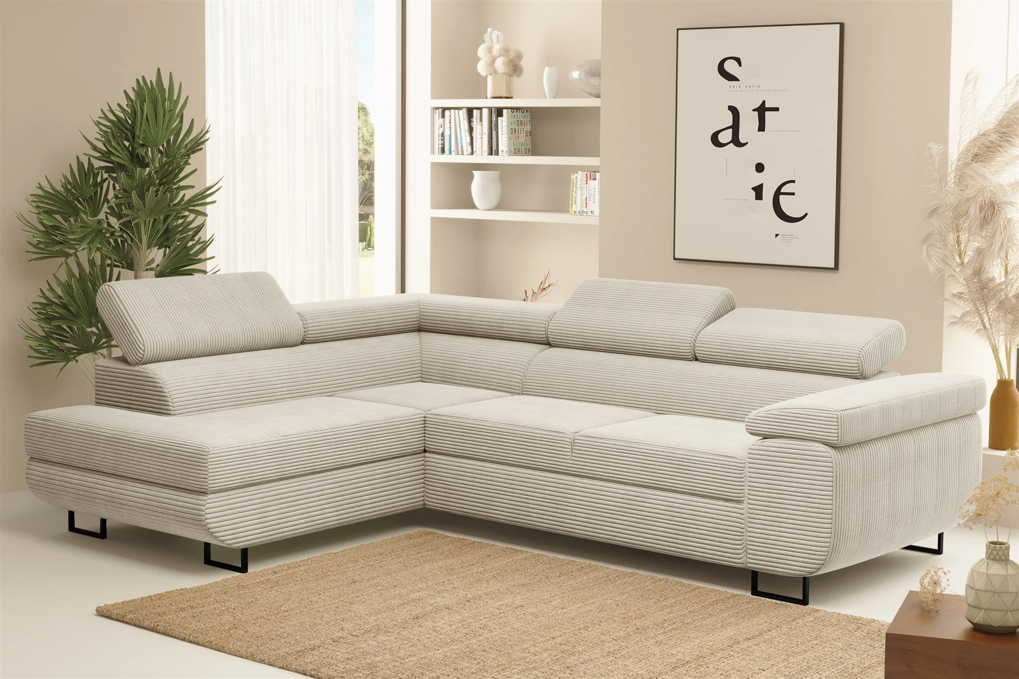 Ecksofa Sofa mit Schlaffunktion METZ Stoff Poso Beige Ottomane Links - Fun Möbel
