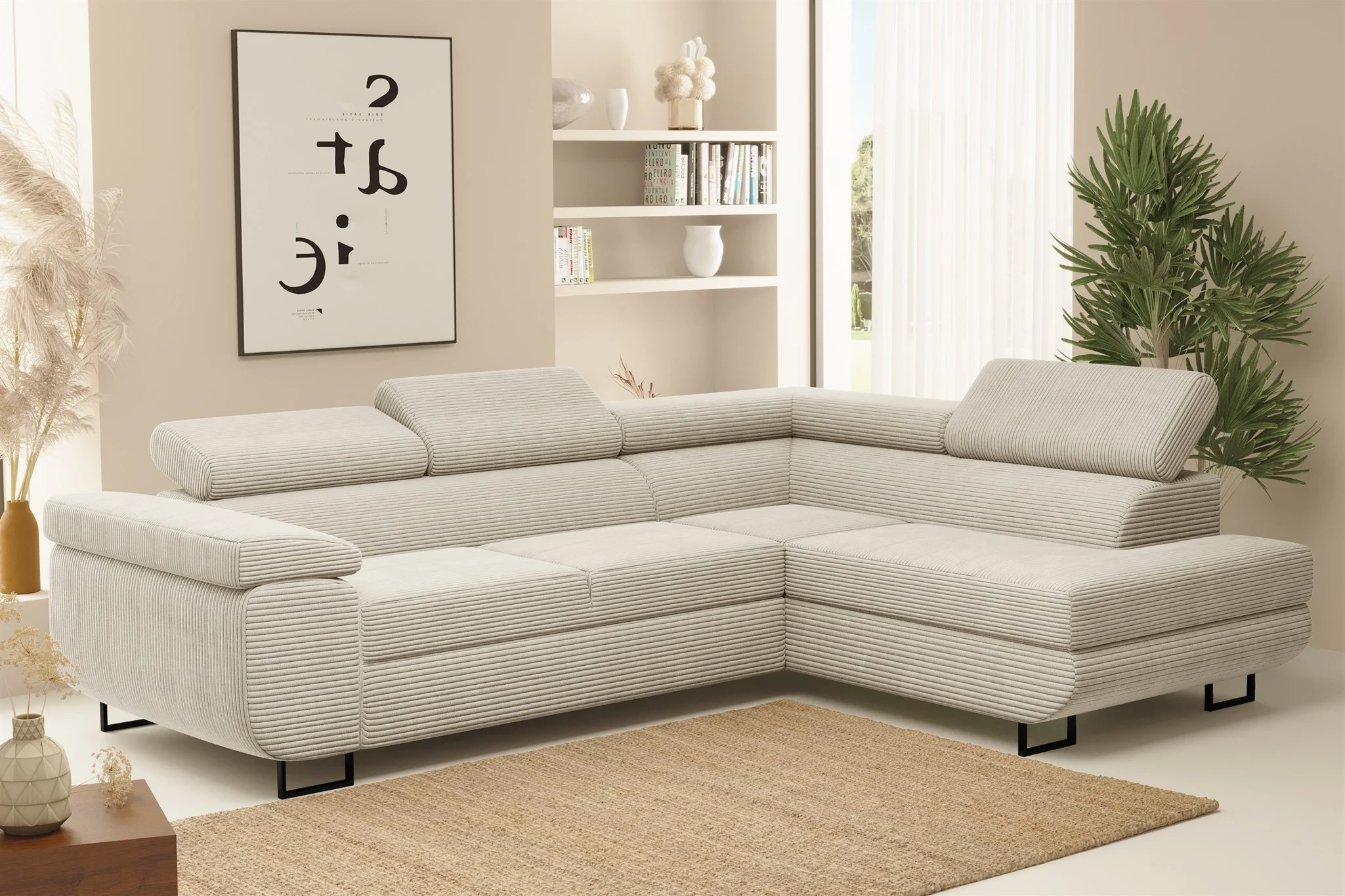 Ecksofa Sofa mit Schlaffunktion METZ Stoff Poso Beige Ottomane Rechts - Fun Möbel