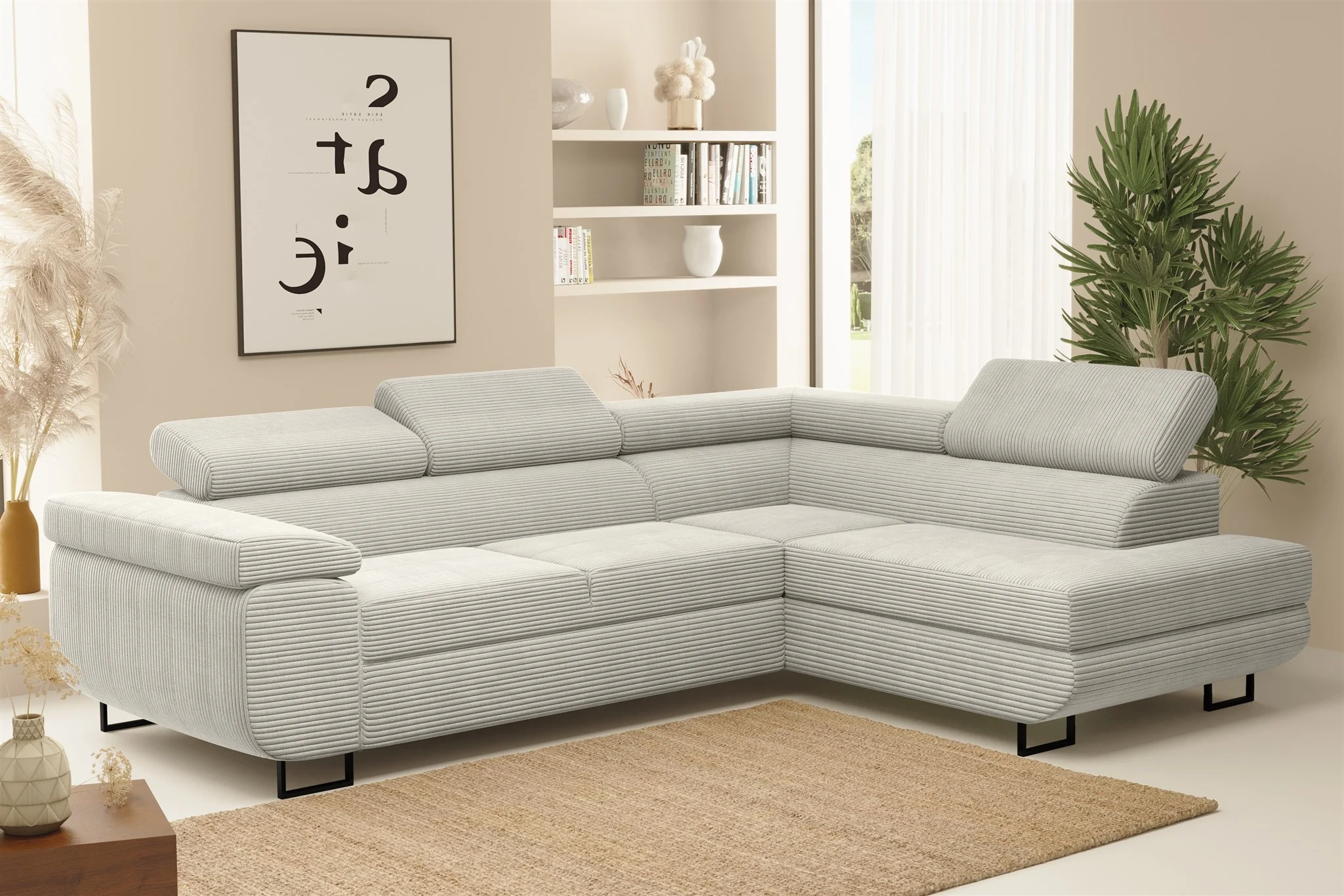 Ecksofa Sofa mit Schlaffunktion METZ Stoff Poso Hellgrau Ottomane Rechts - Fun Möbel
