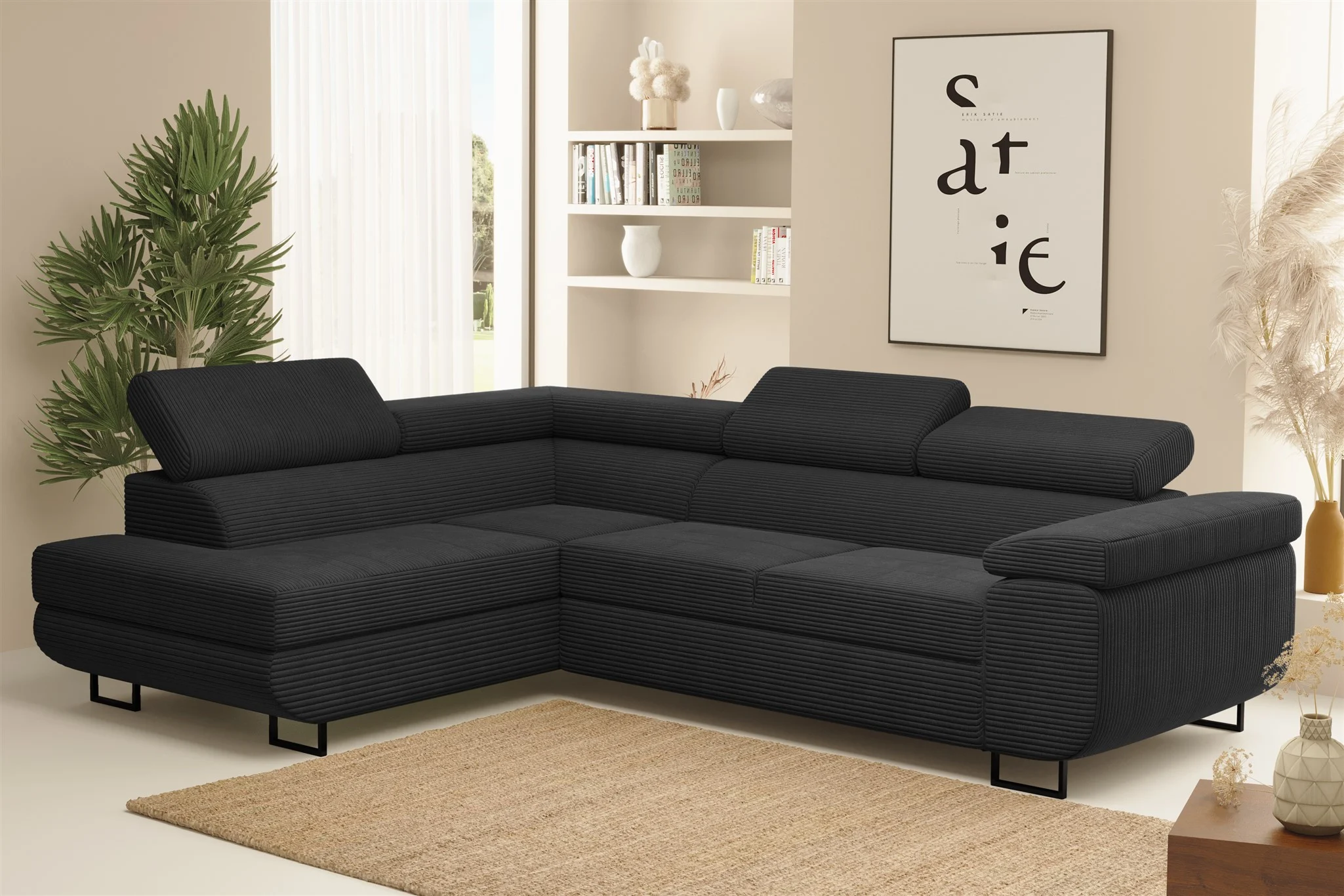 Ecksofa Sofa mit Schlaffunktion METZ Stoff Poso Schwarz Ottomane Links - Fun Möbel
