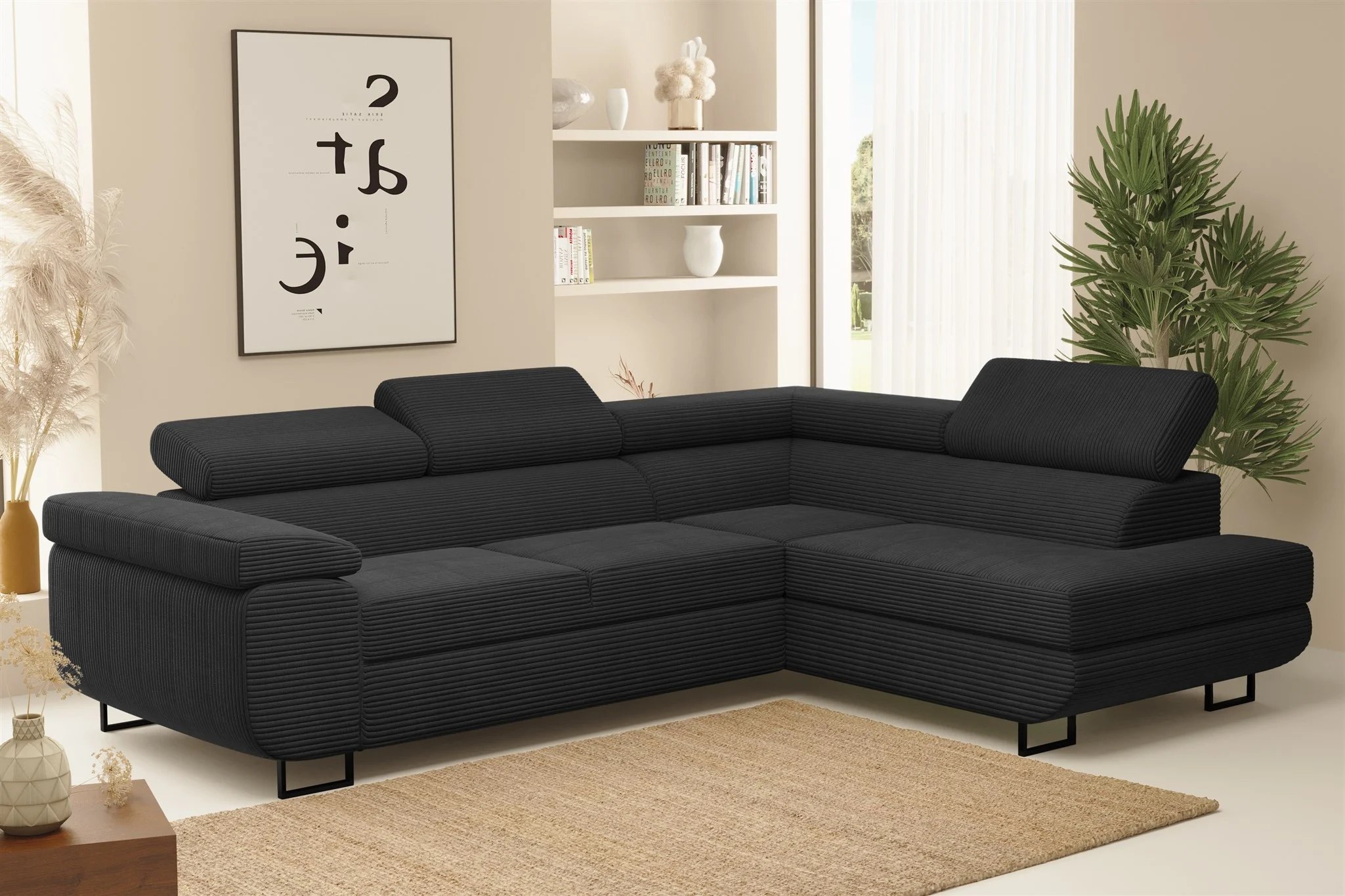 Ecksofa Sofa mit Schlaffunktion METZ Stoff Poso Schwarz Ottomane Rechts - Fun Möbel