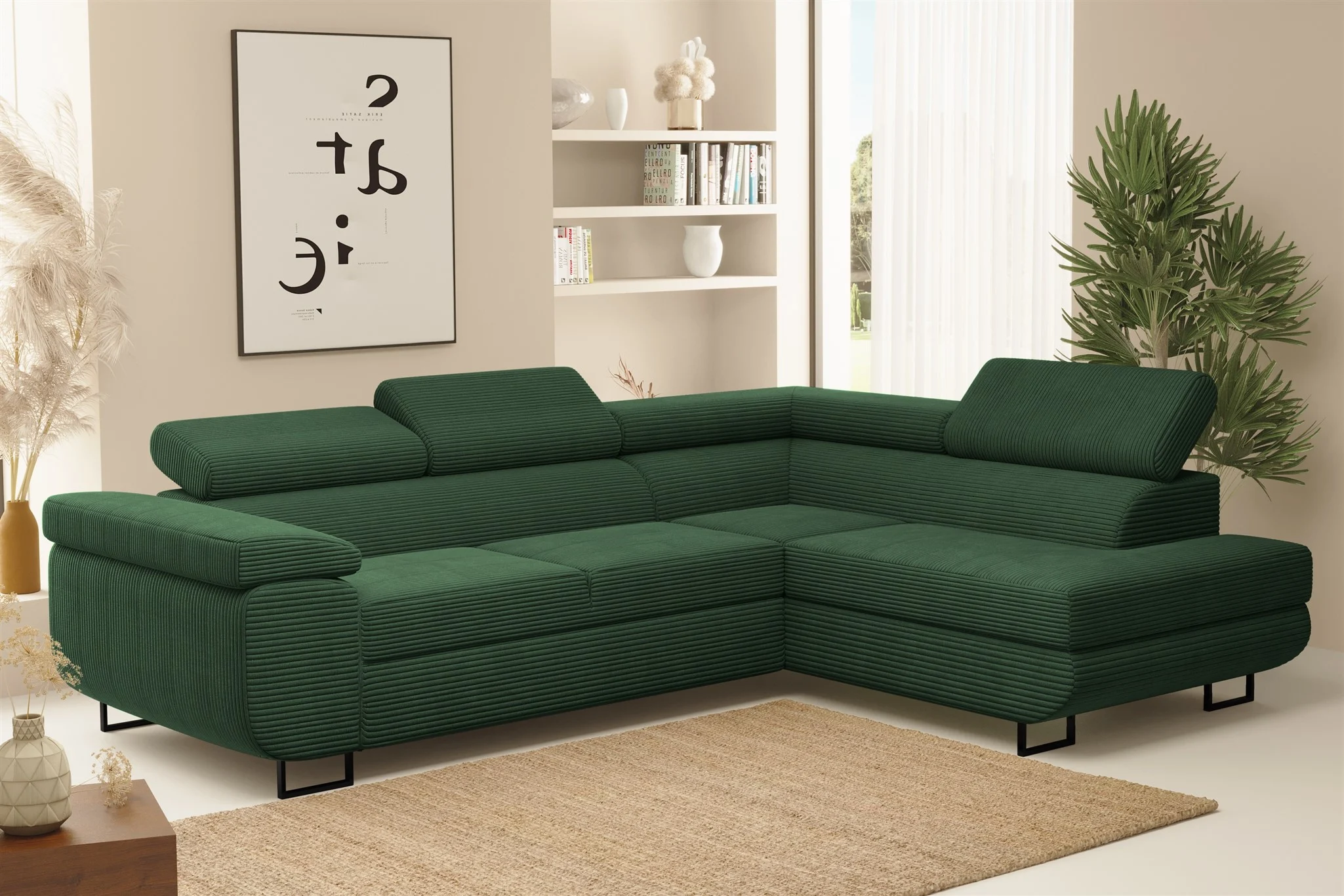 Ecksofa Sofa mit Schlaffunktion METZ Stoff Poso Grün Ottomane Rechts - Fun Möbel