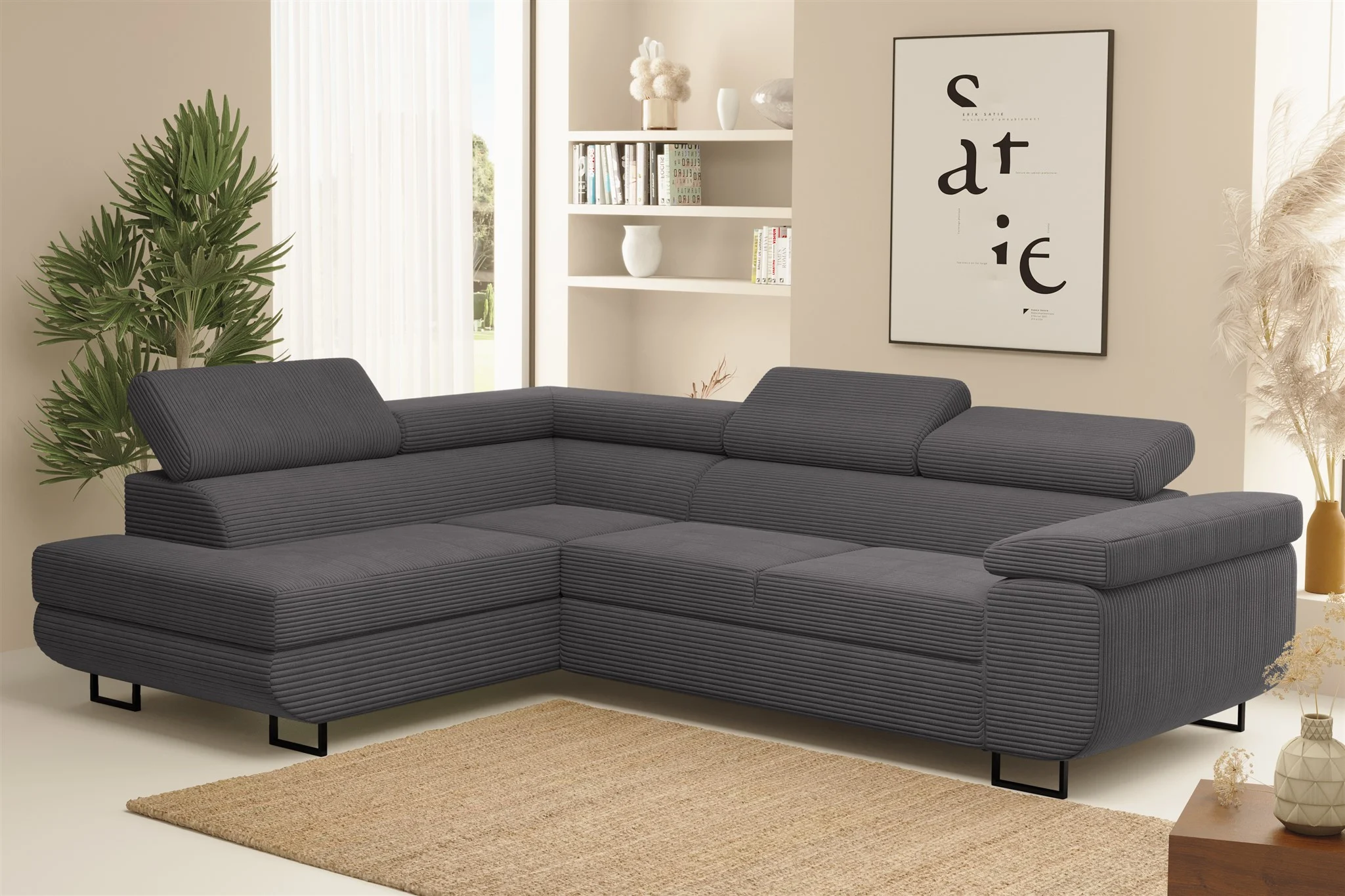 Ecksofa Sofa mit Schlaffunktion METZ Stoff Poso Dunkelgrau Ottomane Links - Fun Möbel