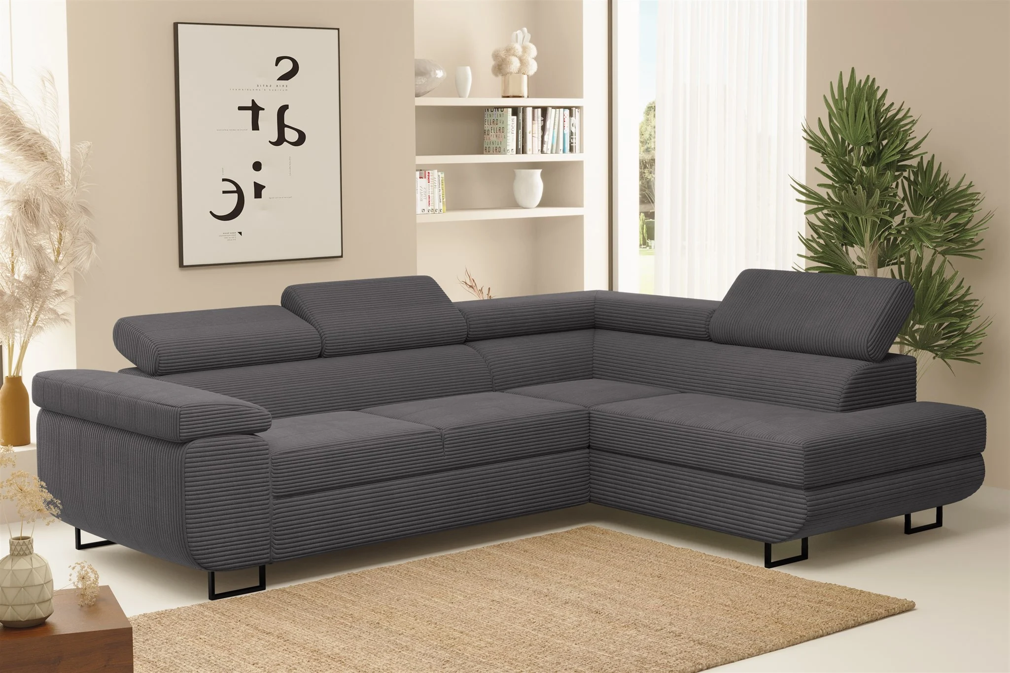 Ecksofa Sofa mit Schlaffunktion METZ Stoff Poso Dunkelgrau Ottomane Rechts - Fun Möbel