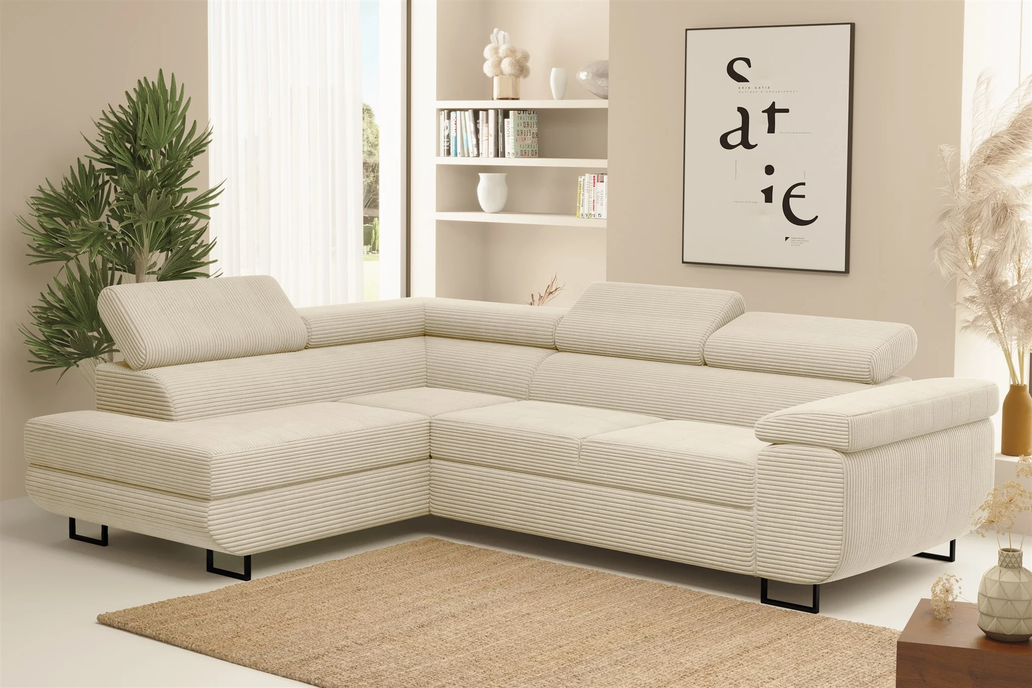 Ecksofa Sofa mit Schlaffunktion METZ Stoff Poso Creme Ottomane Links - Fun Möbel