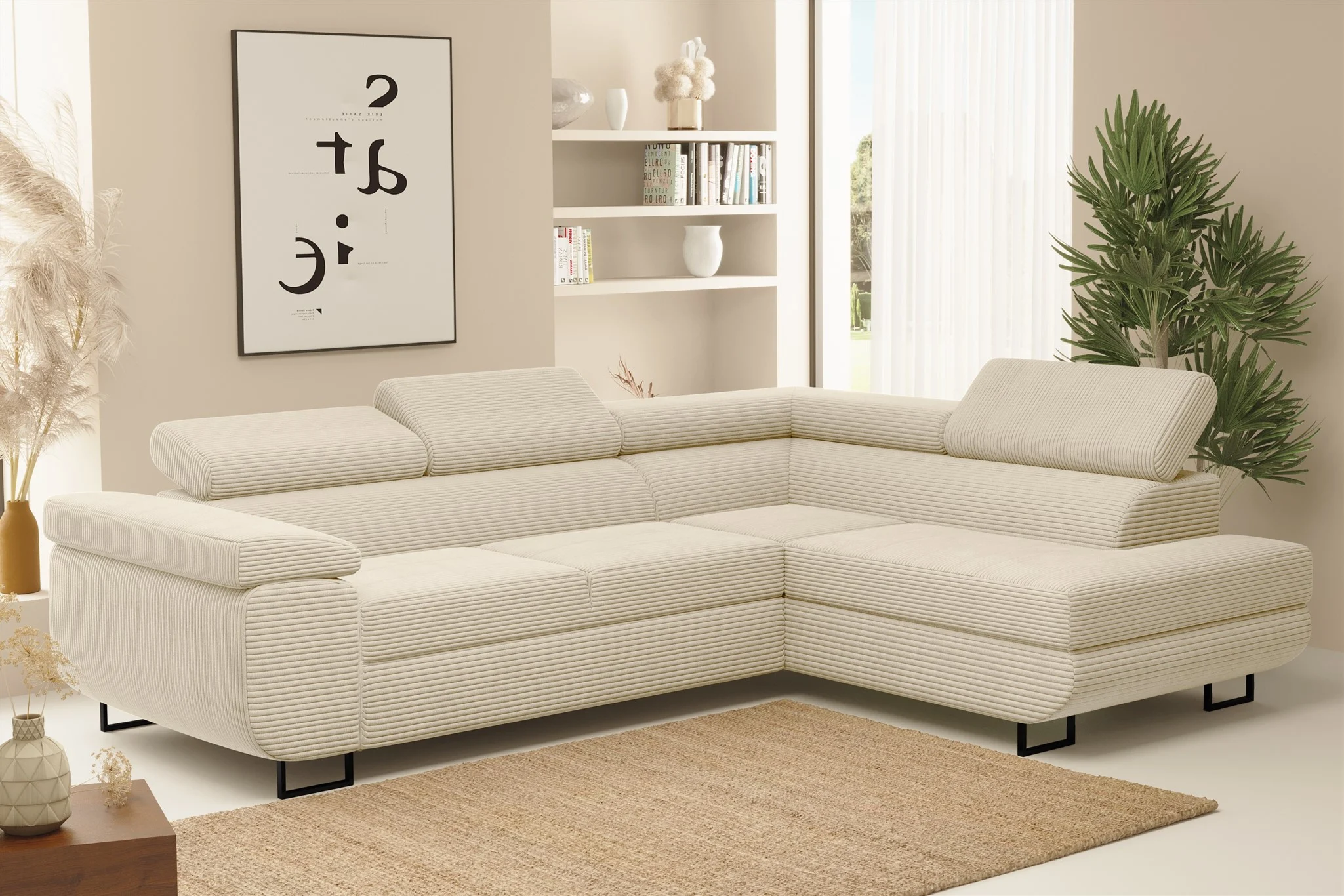 Ecksofa Sofa mit Schlaffunktion METZ Stoff Poso Creme Ottomane Rechts - Fun Möbel