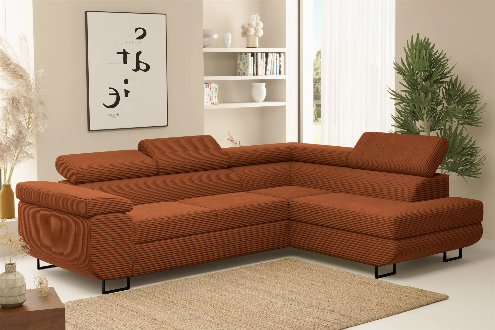 Ecksofa Sofa mit Schlaffunktion METZ Stoff Poso Rostbraun Ottomane Rechts - Fun Möbel