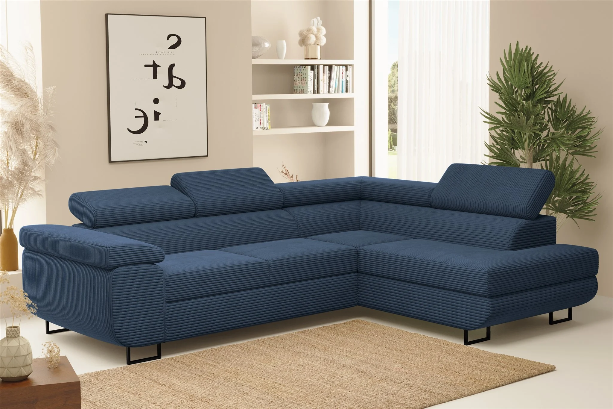 Ecksofa Sofa mit Schlaffunktion METZ Stoff Poso Blau Ottomane Rechts - Fun Möbel