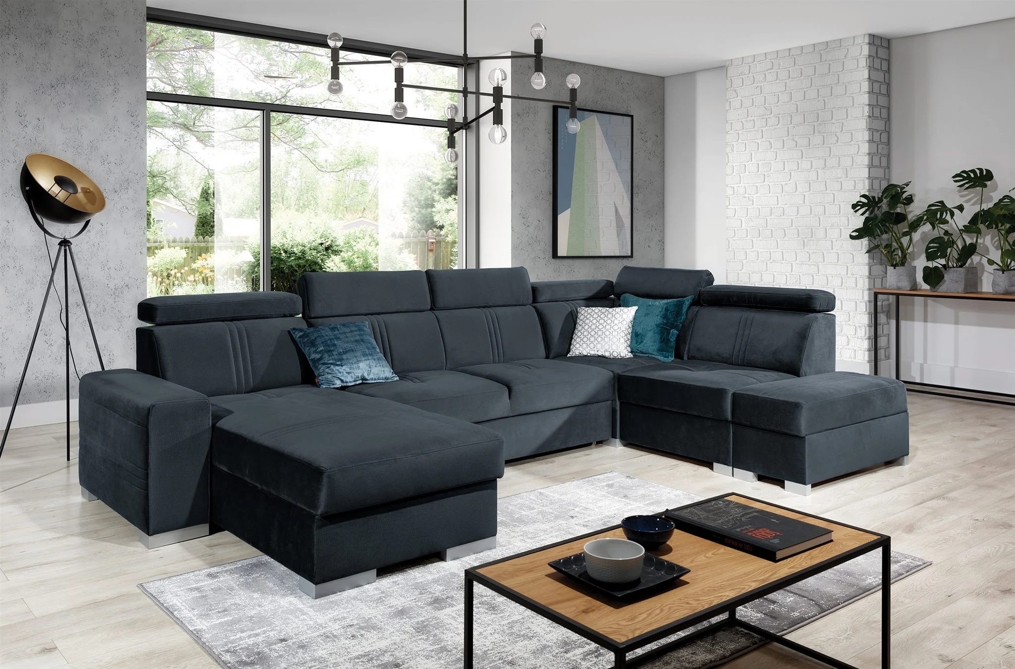 Wohnlandschaft Schlafsofa NOLAN inkl. USB Stoff Element Anthrazit Ottomane Links - Fun Moebel