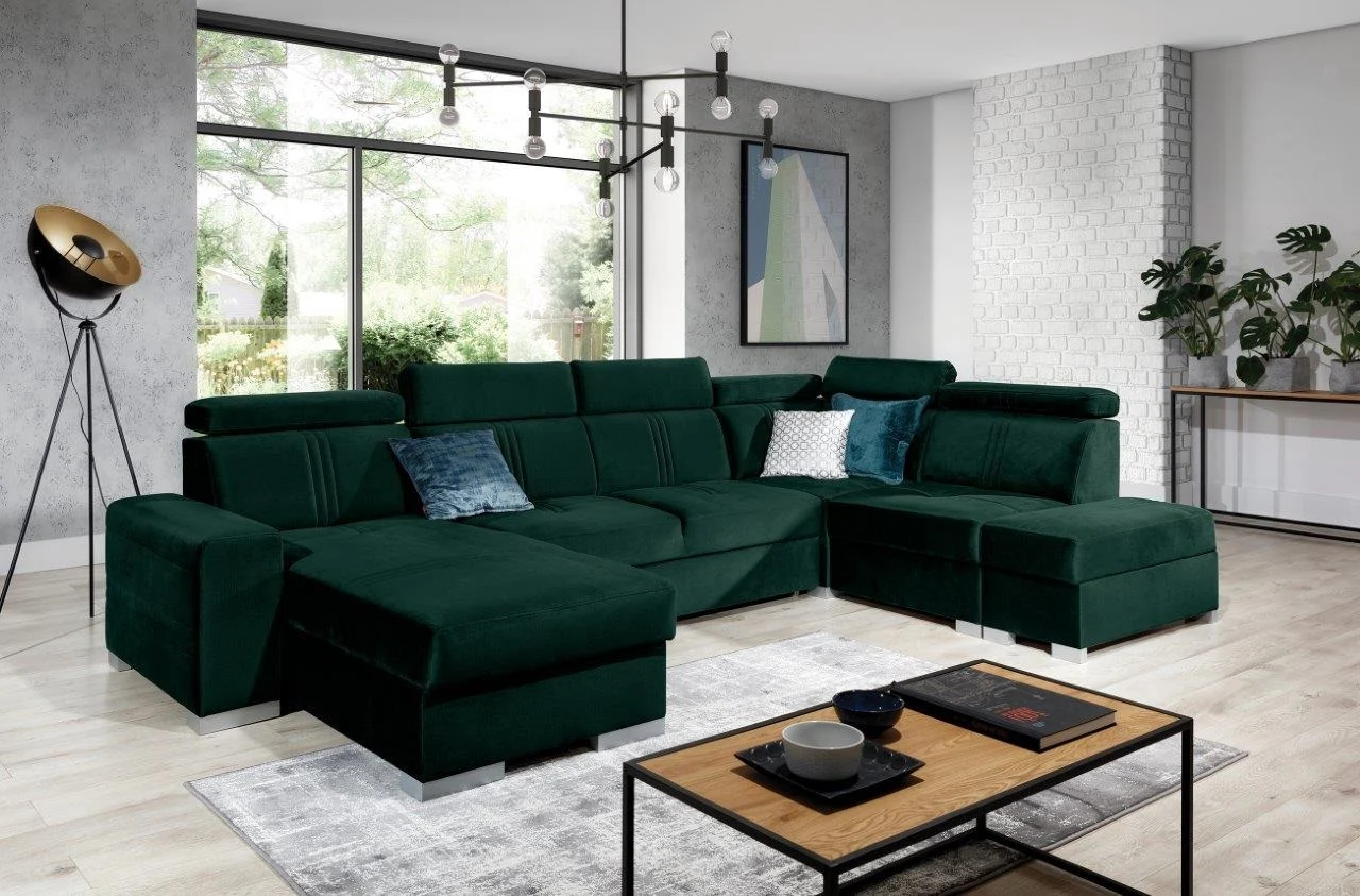 Wohnlandschaft Schlafsofa NOLAN inkl USB Stoff Element Dunkelgrün Ottomane Links - Fun Moebel
