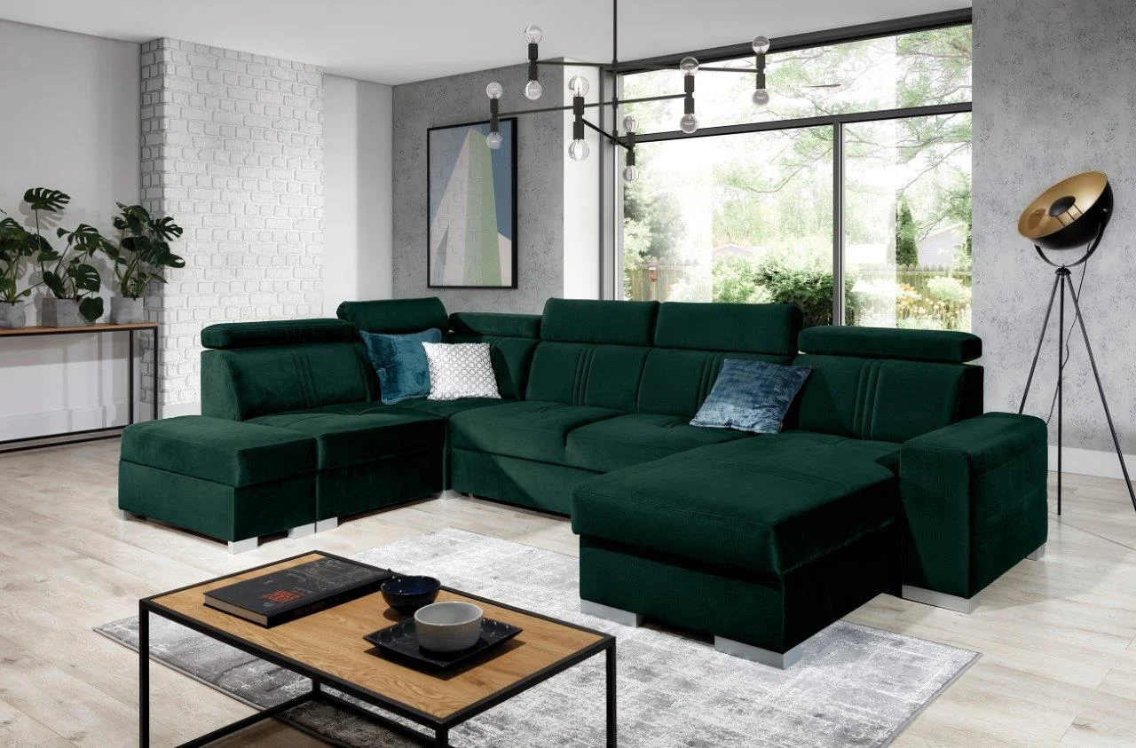 Wohnlandschaft Schlafsofa NOLAN ink USB Stoff Element Dunkelgrün Ottomane Rechts - Fun Moebel