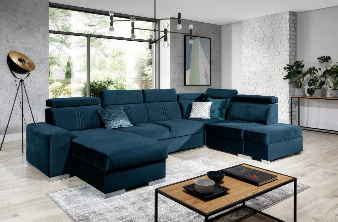 Wohnlandschaft Schlafsofa NOLAN inkl. USB in Stoff Element Blau Ottomane Links - Fun Moebel