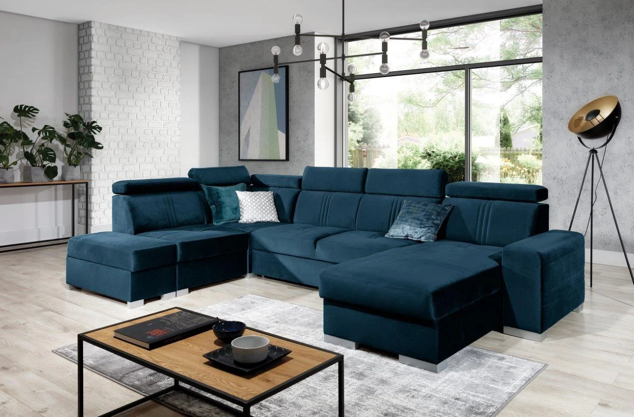 Wohnlandschaft Schlafsofa NOLAN inkl. USB in Stoff Element Blau Ottomane Rechts - Fun Moebel