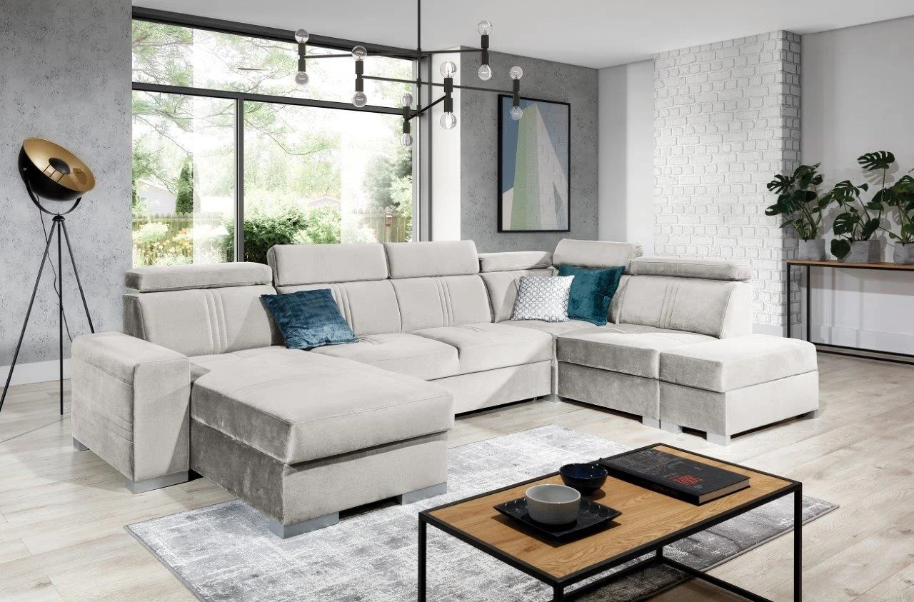 Wohnlandschaft Schlafsofa NOLAN inkl. USB in Stoff Element Creme Ottomane Links - Fun Moebel